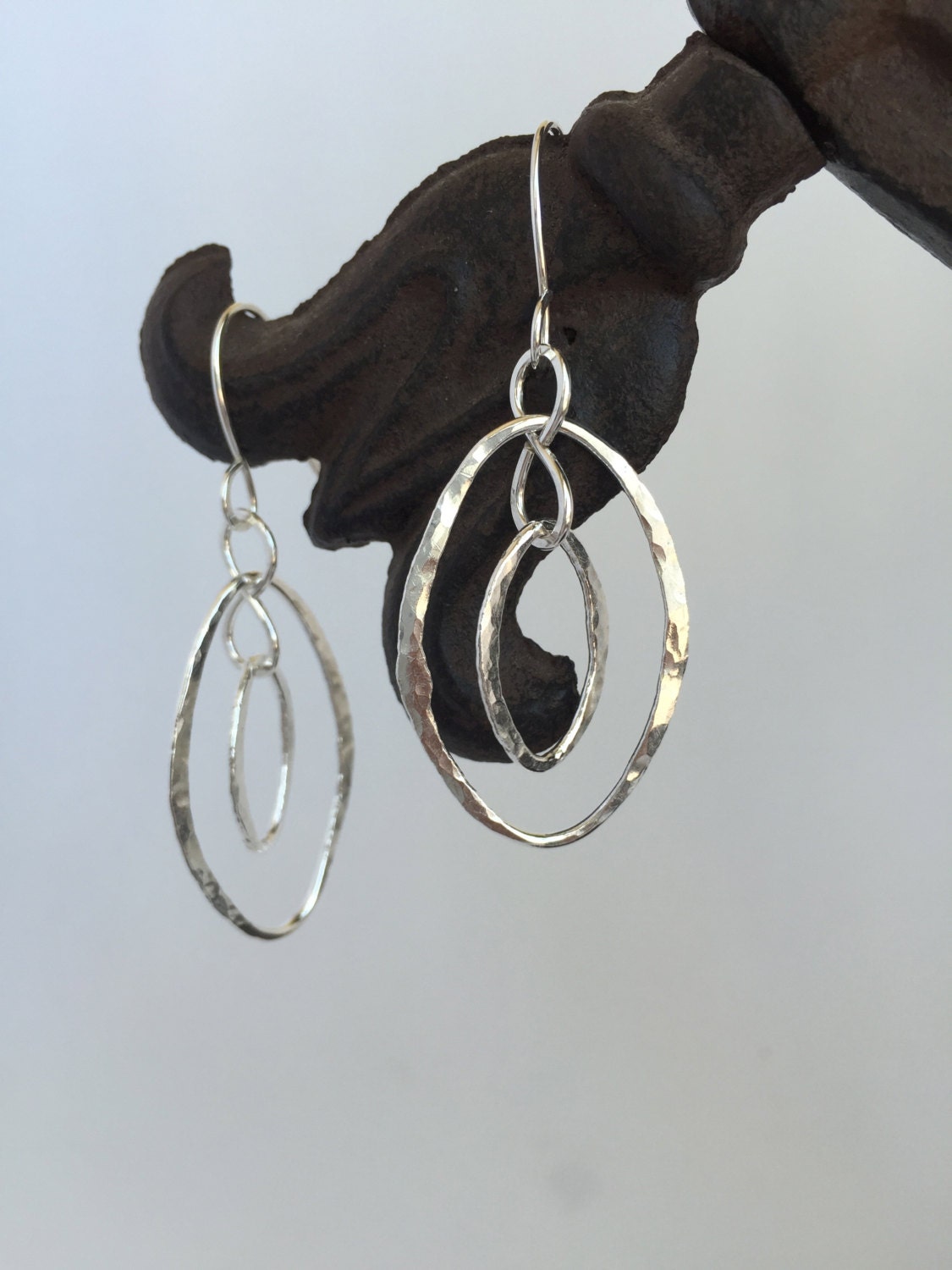 Oval Hoop Earrings Sterling Silver, Large Silver Hoops, Hammered Double Hoop Earrings, Handmade Jewelry