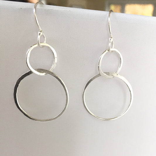 Double Hoop Earrings, Sterling Silver Hammered Jewelry, Hand Forged