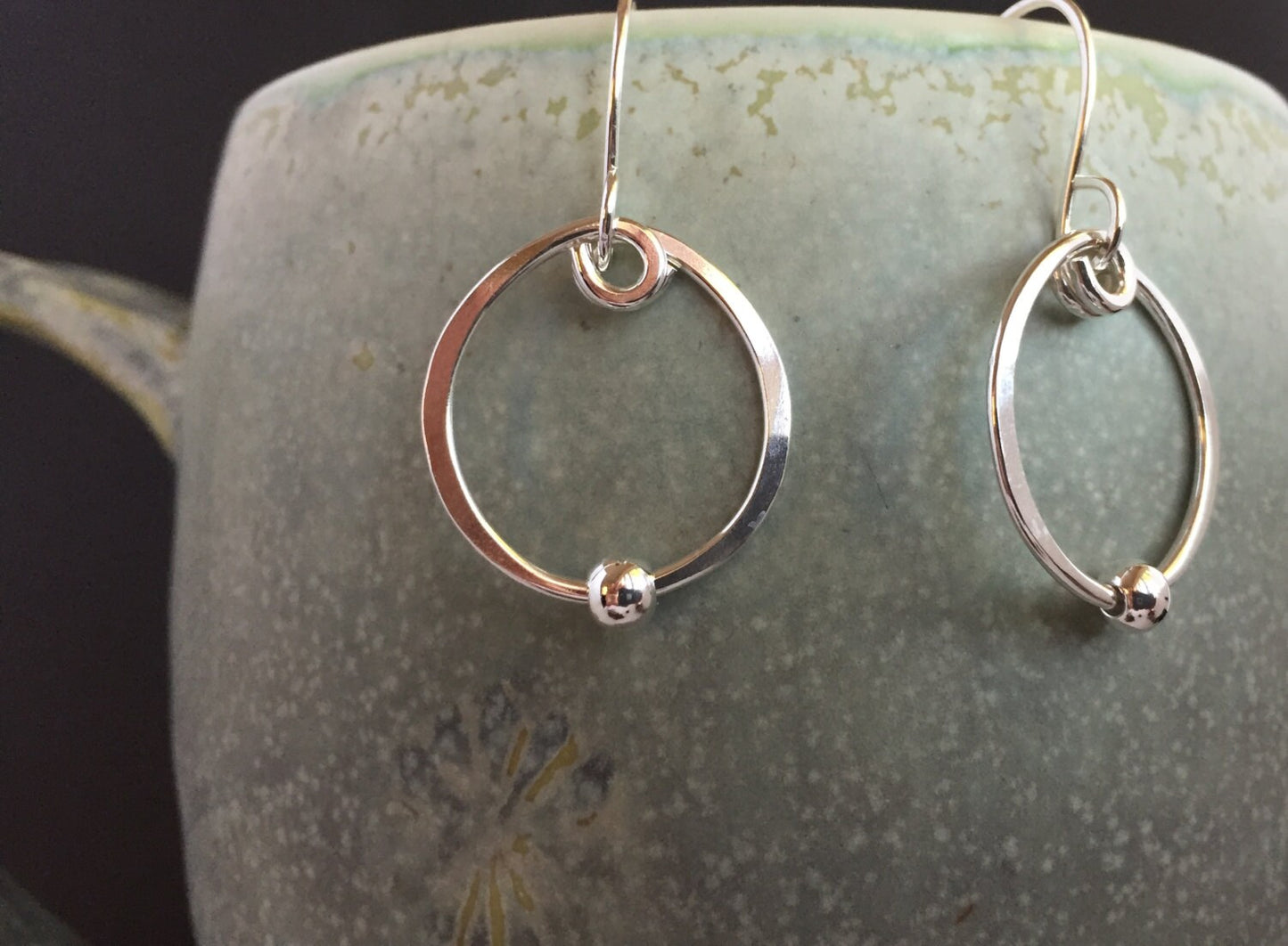 Silver Simple Hoop Earrings, Sterling Medium Hoop Earrings, Classic Hammered Hoops, Beaded Elegant Hoops, Hand Forged Metal Jewelry