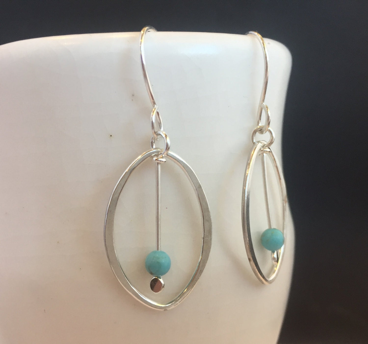 Medium Oval Hoop Earrings, Sterling Silver Hand Forged Metal Hoop Earrings with Turquoise Bead