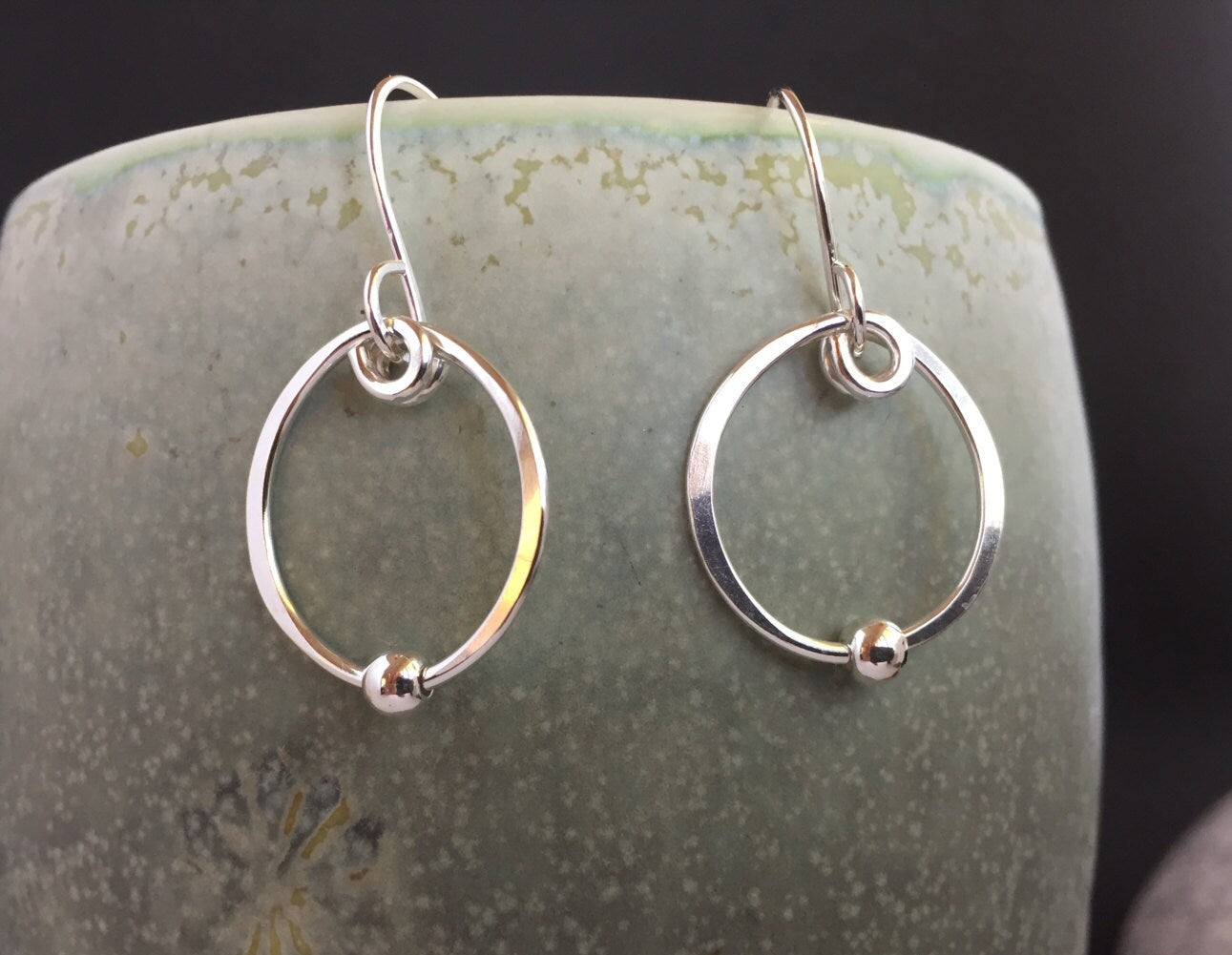 Silver Simple Hoop Earrings, Sterling Medium Hoop Earrings, Classic Hammered Hoops, Beaded Elegant Hoops, Hand Forged Metal Jewelry