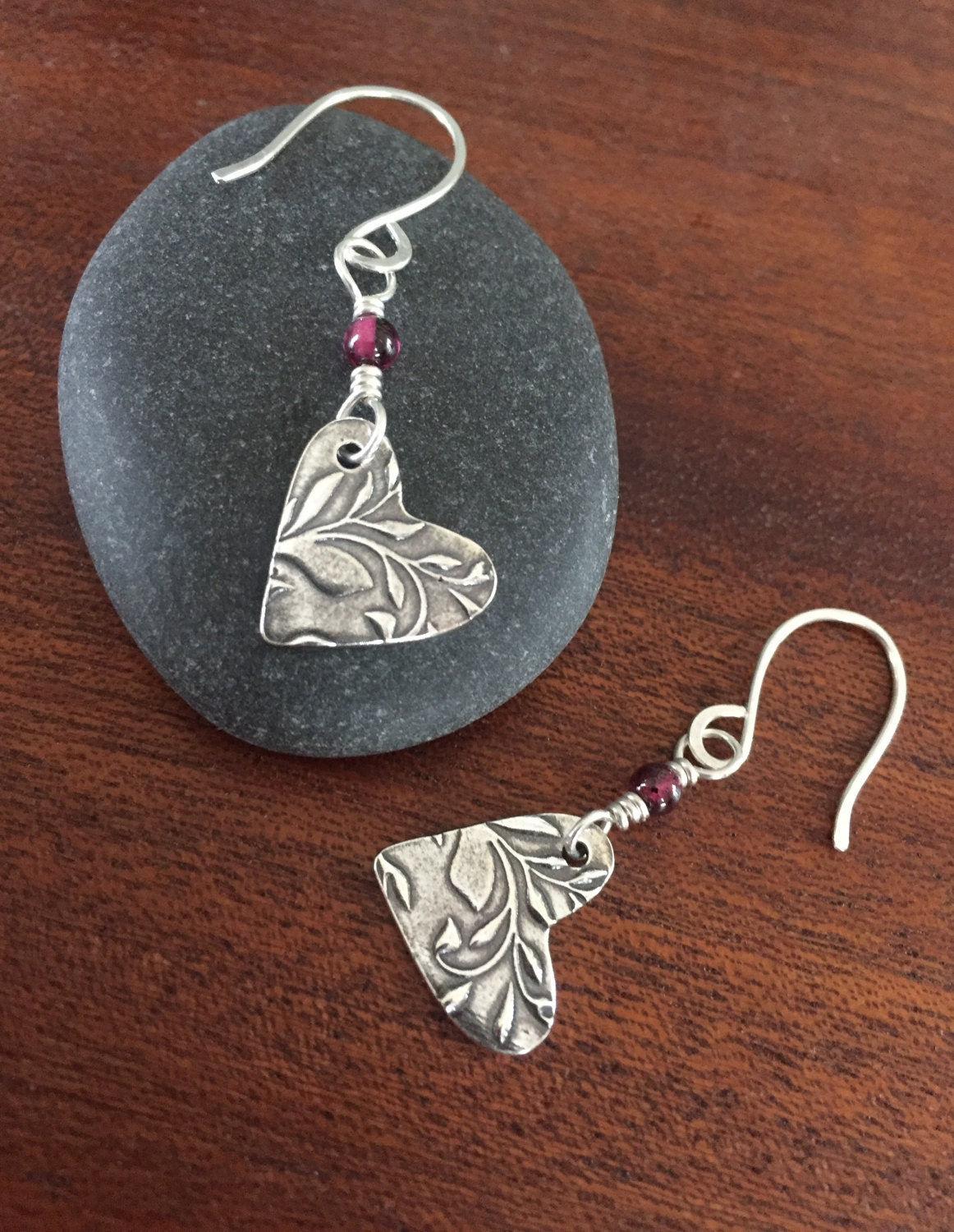 Boho Heart Earrings, Handmade Sterling Heart Earrings, Silver and Amethyst Dangle Earrings, Vintage Silver Heart Earrings, Gift For Her