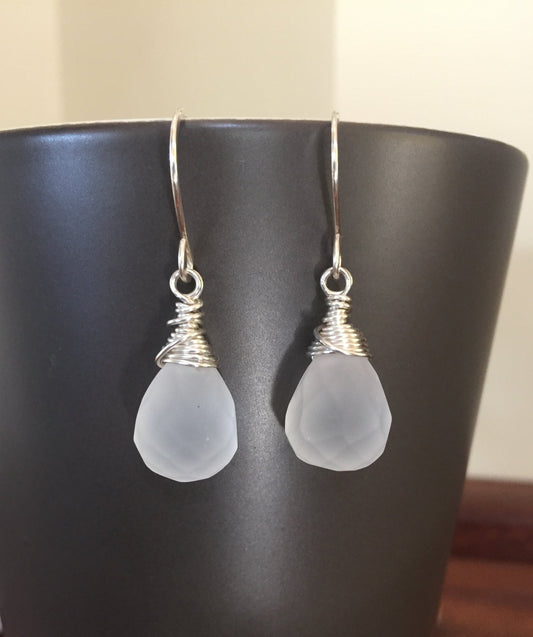 White Crystal Earrings, Frosted Quartz Tear Drop Earrings, Bridesmaid and Wedding Jewelry Gift