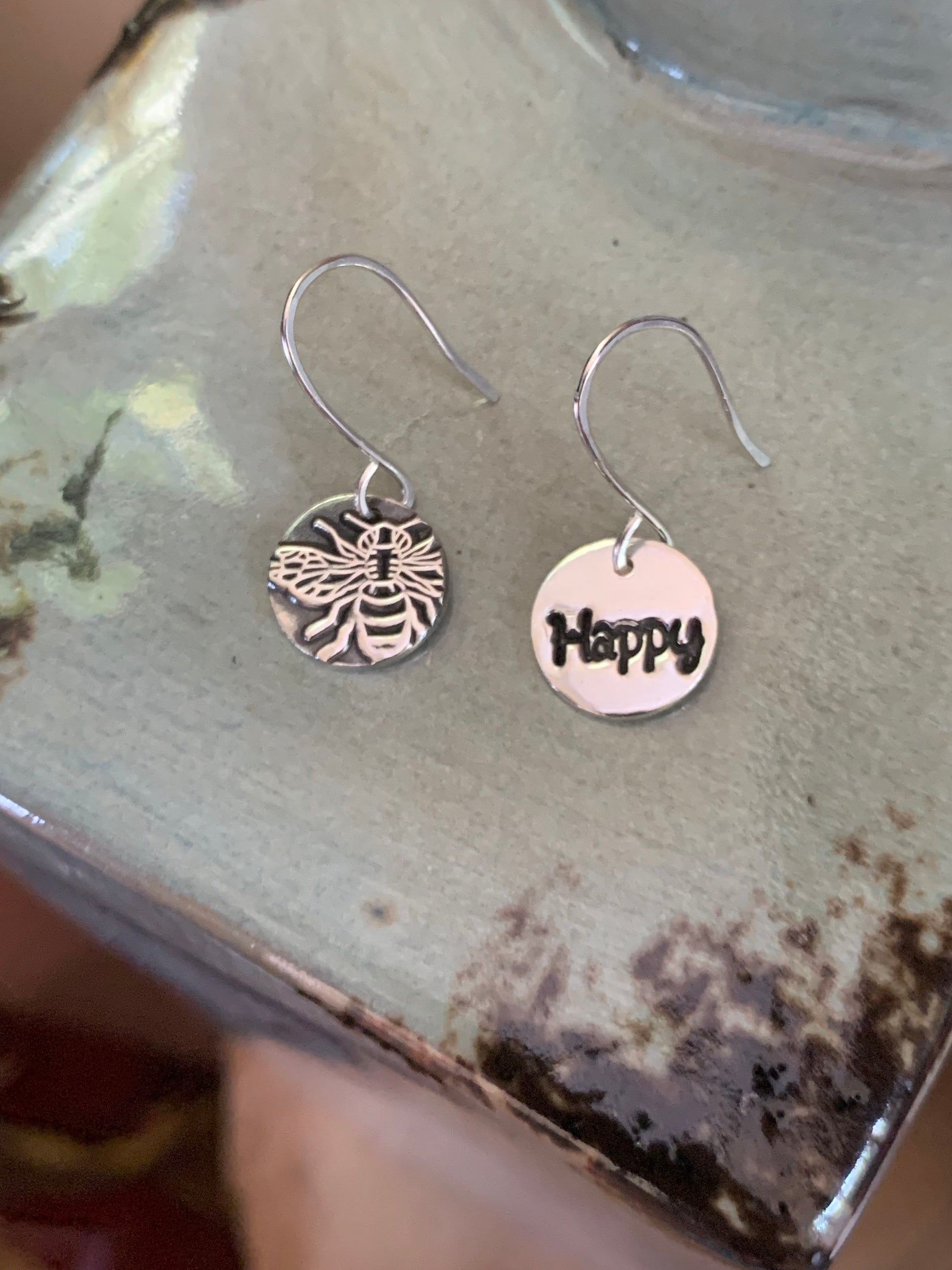Be Happy Earrings, Sterling Silver Round Bumblebee Charm, Bee Earrings, Fun Charm Earrings, Thinking of You Gift, Mismatched Earrings, Bees