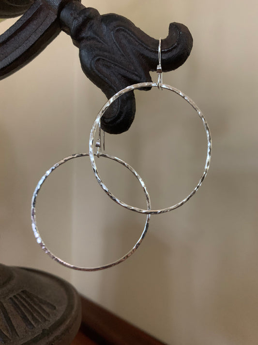 Large Hammered Hoop Earrings, Sterling Silver Classic Hoops, 1 7/8”Hoops, Simple Silver Hoop Earrings, Hand Forged Metal Jewelry