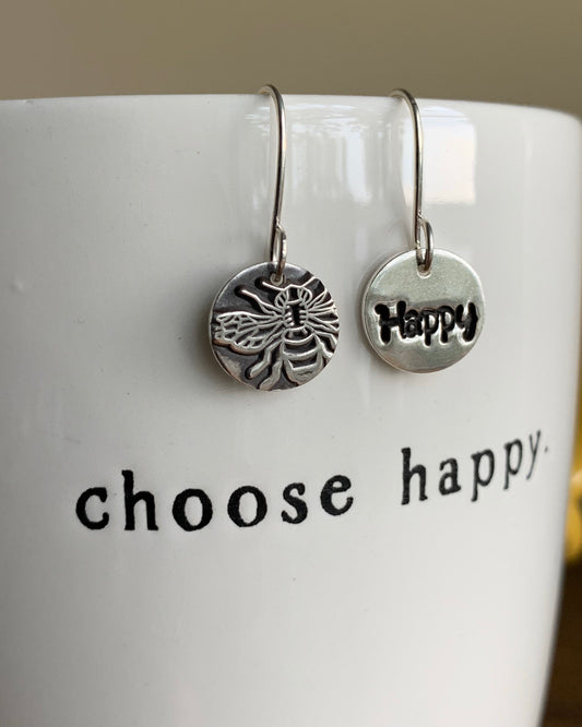 Be Happy Earrings, Sterling Silver Round Bumblebee Charm, Bee Earrings, Fun Charm Earrings, Thinking of You Gift, Mismatched Earrings, Bees