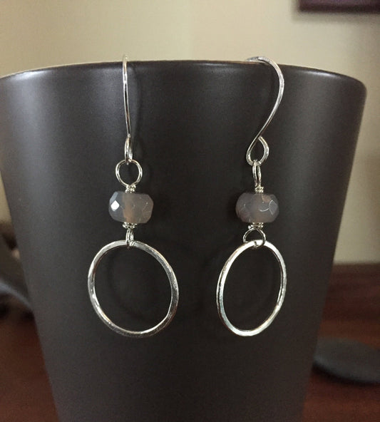 Hammered Silver Hoop Earrings with Grey Glass Bead Sterling Silver Hand Forged Metal Jewelry