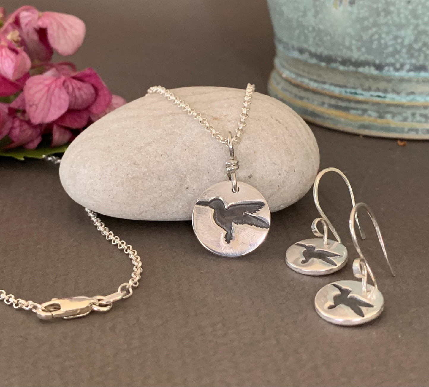 Silver Hummingbird Earrings, Bird Earrings, Sterling Bird Charm, Bird Pendant, Hummingbird Necklace, Bird Lover Gift