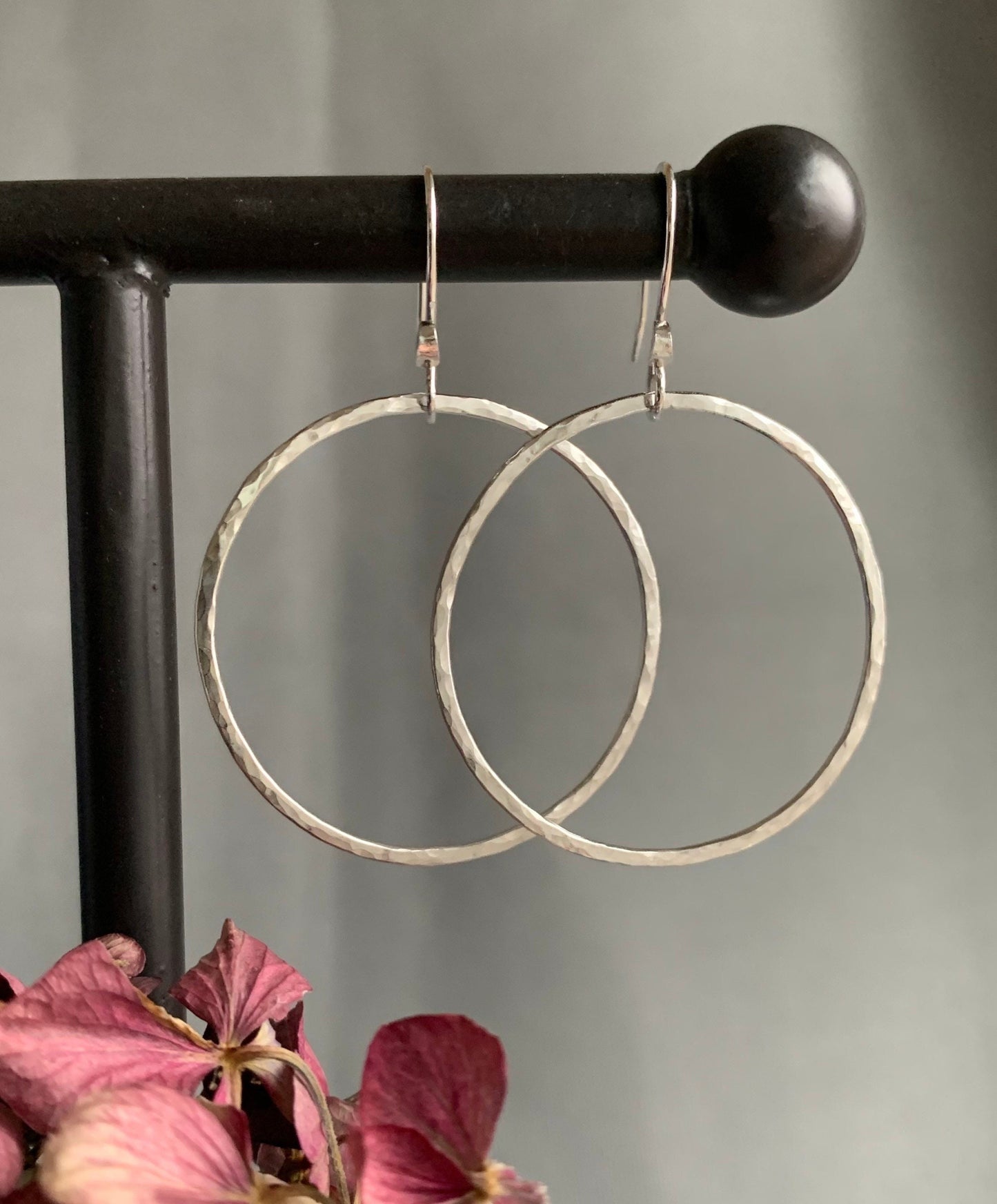 Large Hammered Hoop Earrings, Sterling Silver Classic Hoops, 1 1/2” Hoops, Simple Silver Hoop Earrings, Hand Forged Metal Jewelry