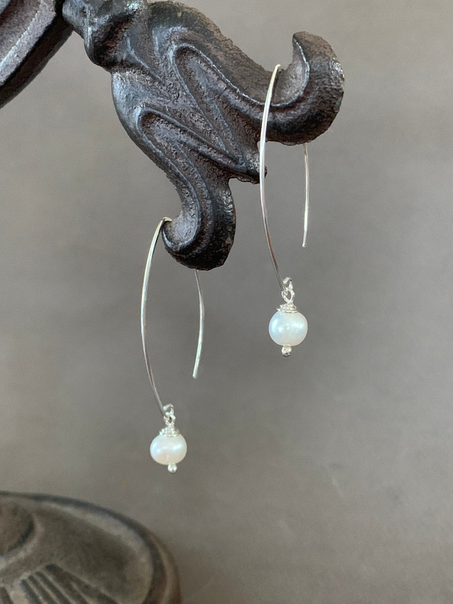Silver Threader Earrings, Pearl Sterling Wishbone Earrings, Thin Open Hoops, Delicate Hoops with Freshwater Pearls