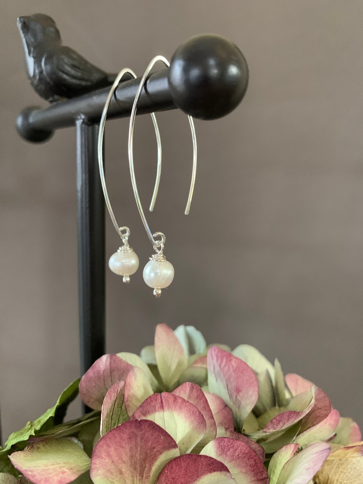 Silver Threader Earrings, Pearl Sterling Wishbone Earrings, Thin Open Hoops, Delicate Hoops with Freshwater Pearls