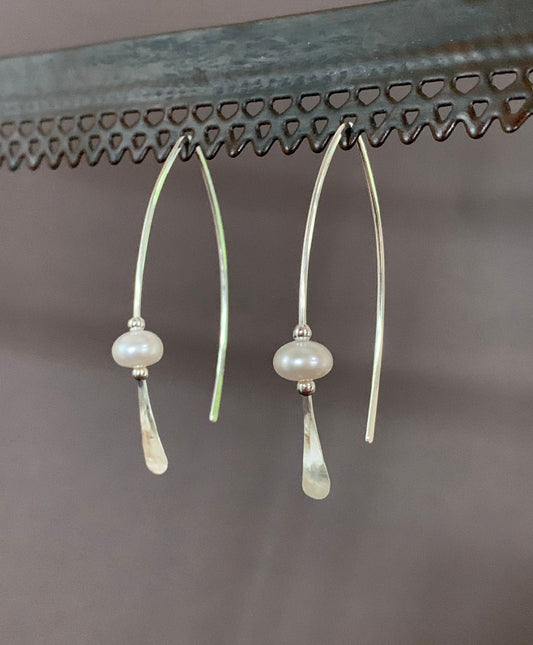 Silver Pearl Threader Earrings, Pearl Sterling Wishbone Earrings, Thin Open Hoops, Delicate Hoops with Freshwater Pearls