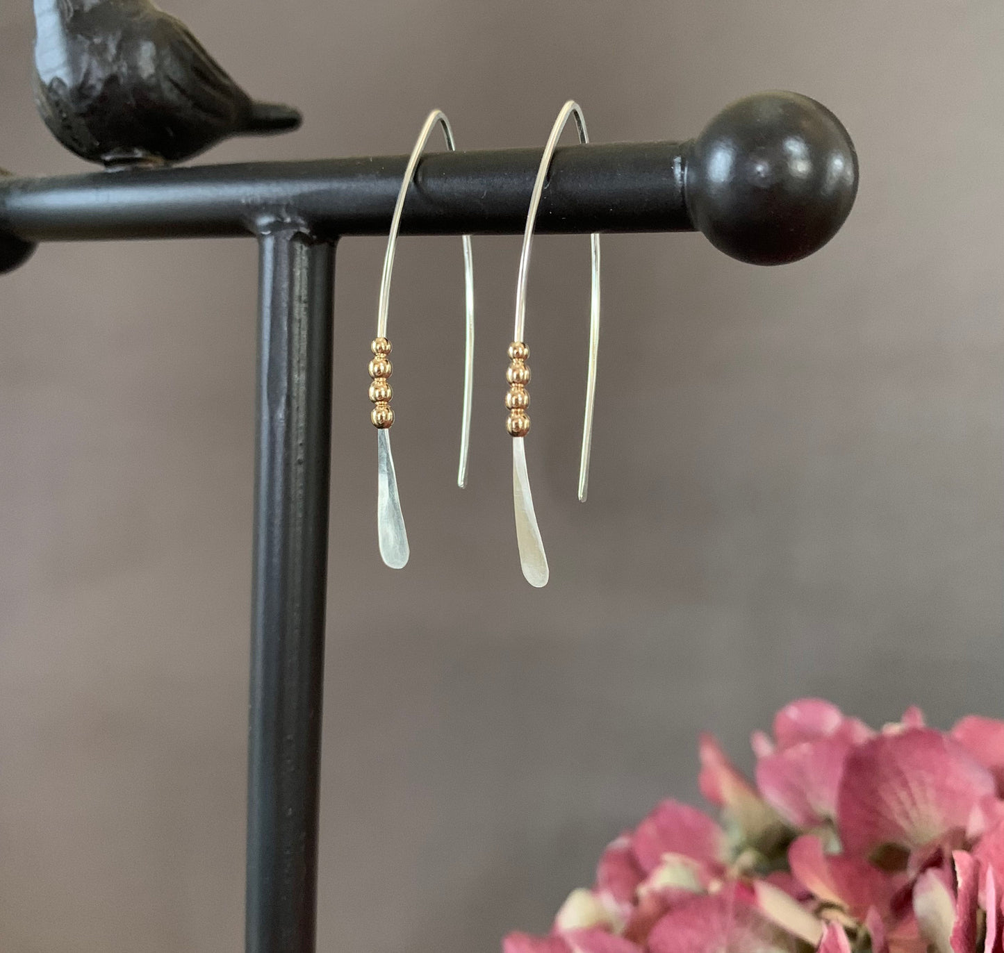 Silver and Gold Threader Earrings, Sterling Wishbone Earrings, Thin Open Hoops, Medium Hammered Hoop Earrings
