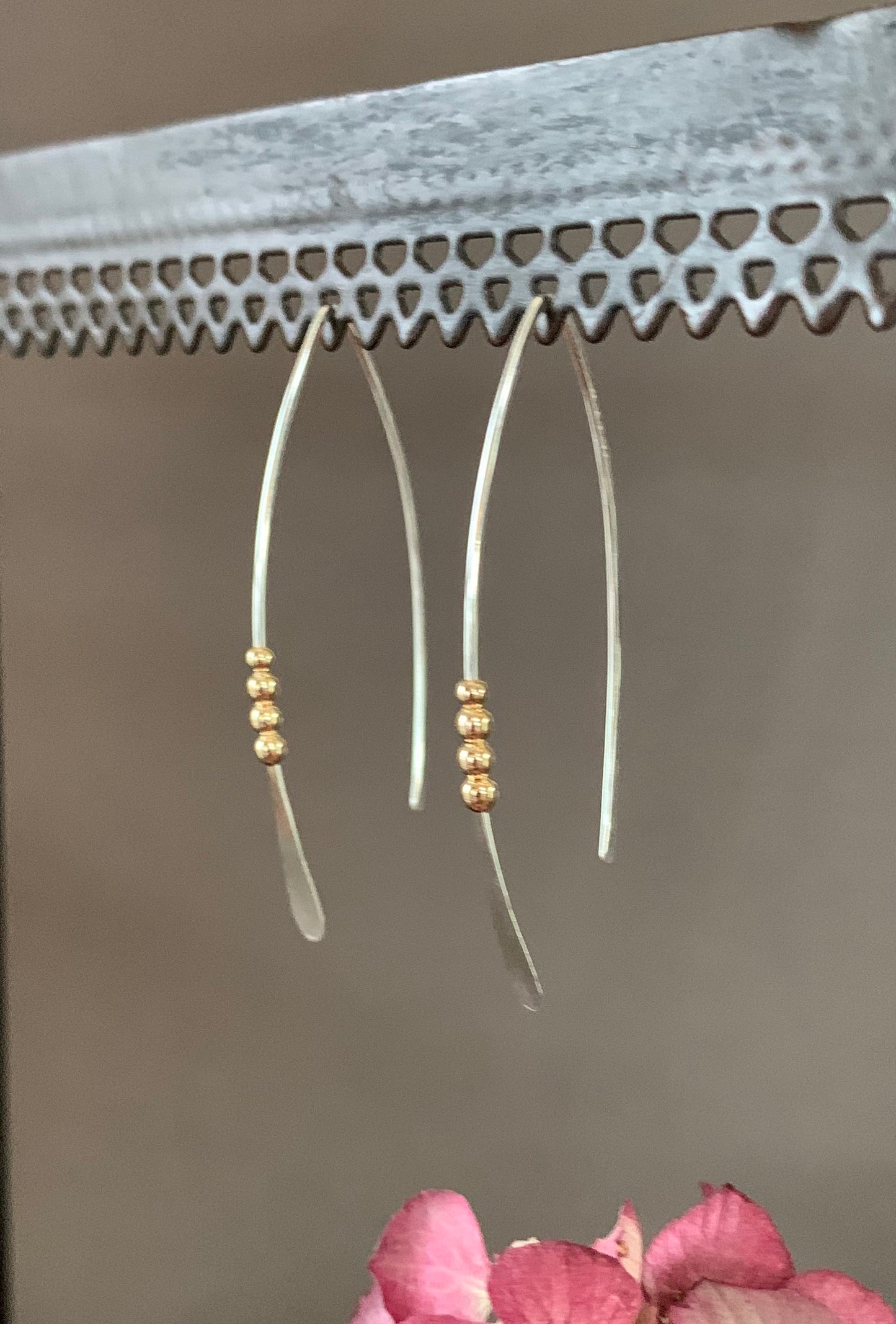 Silver and Gold Threader Earrings, Sterling Wishbone Earrings, Thin Open Hoops, Medium Hammered Hoop Earrings