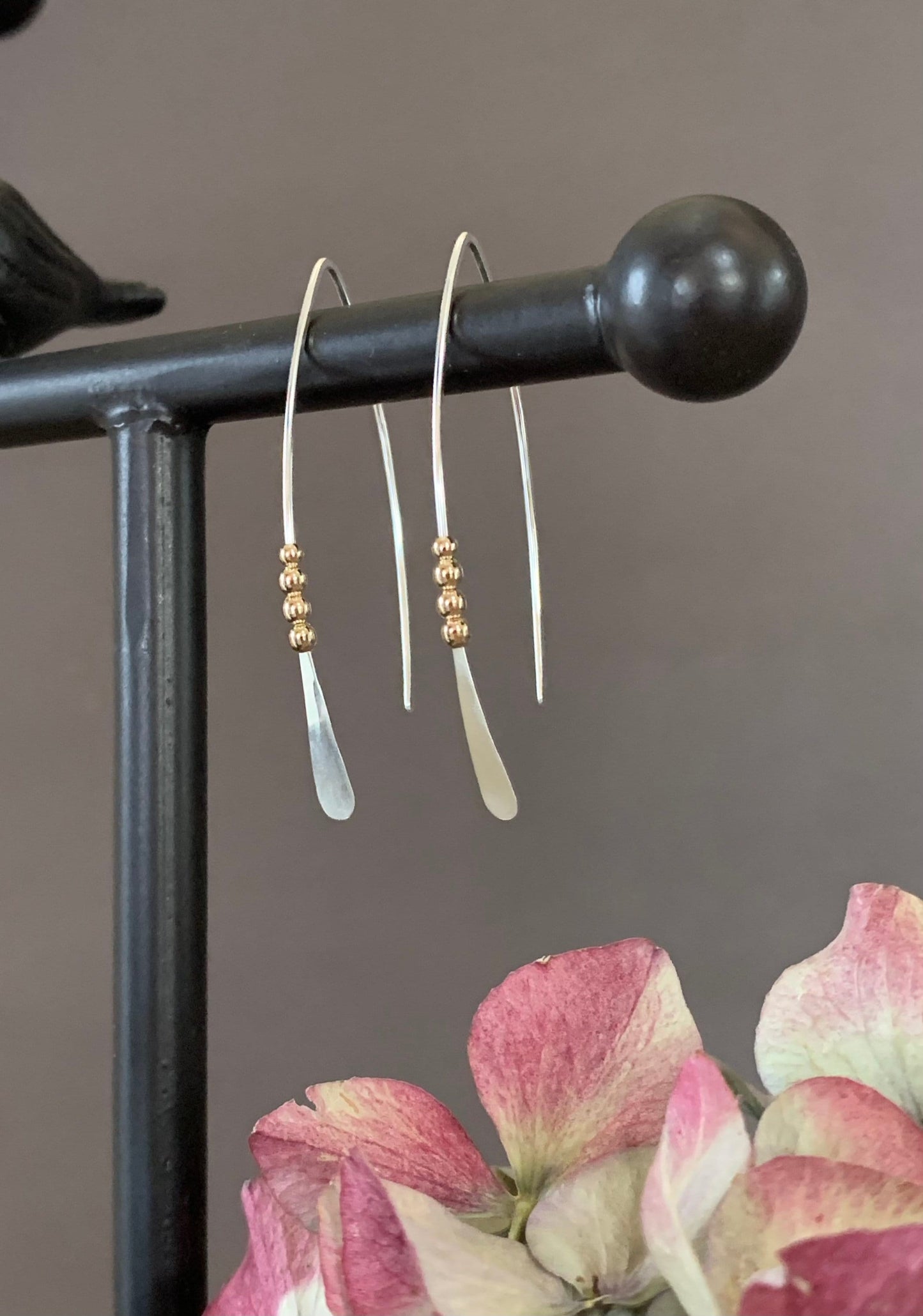 Silver and Gold Threader Earrings, Sterling Wishbone Earrings, Thin Open Hoops, Medium Hammered Hoop Earrings