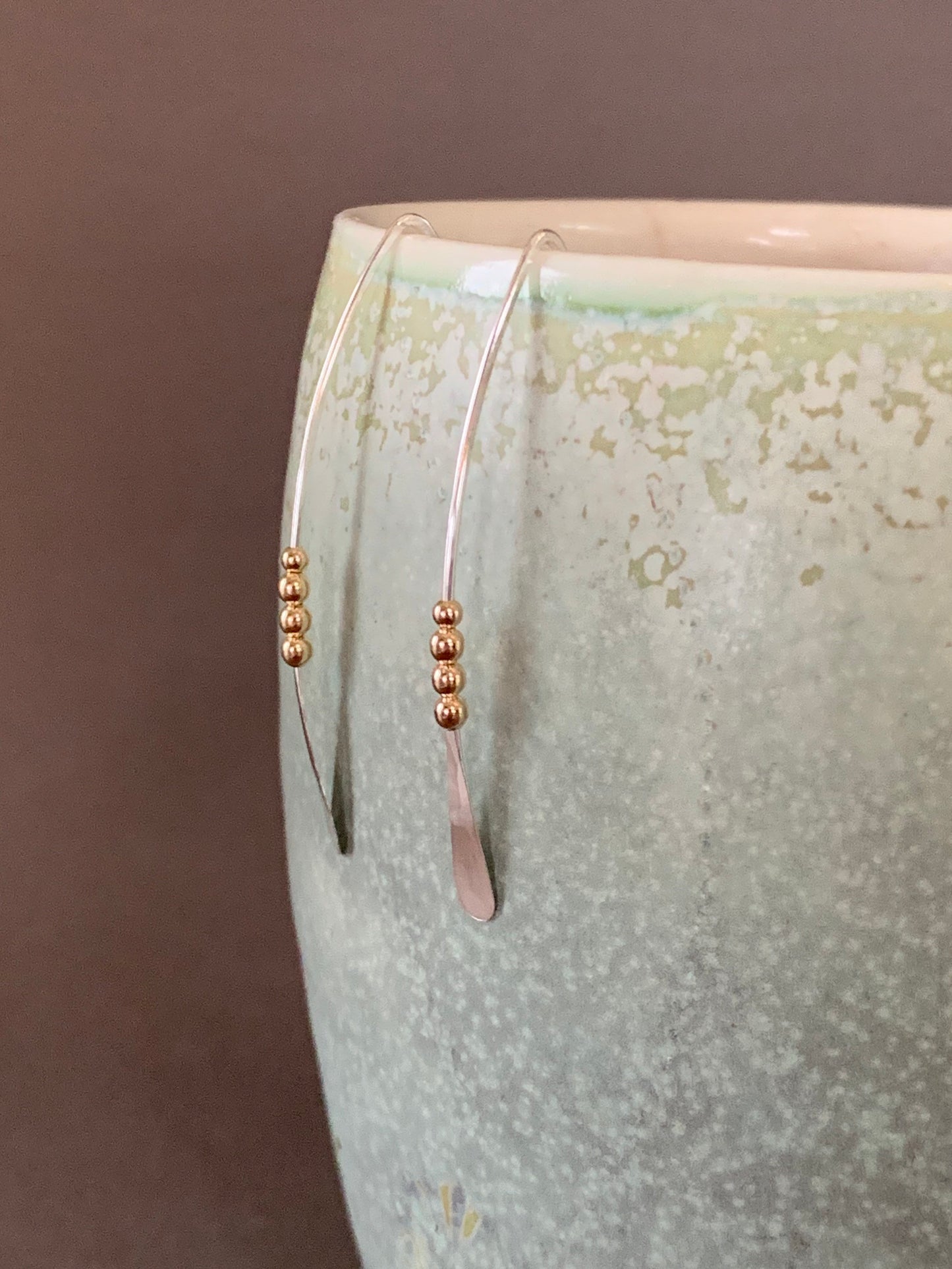 Silver and Gold Threader Earrings, Sterling Wishbone Earrings, Thin Open Hoops, Medium Hammered Hoop Earrings