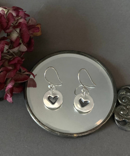 Small Heart Earrings, Silver Heart Dangle Earrings, Round Sterling Silver Earrings, Heart Charm, Hand Forged Metal Jewelry