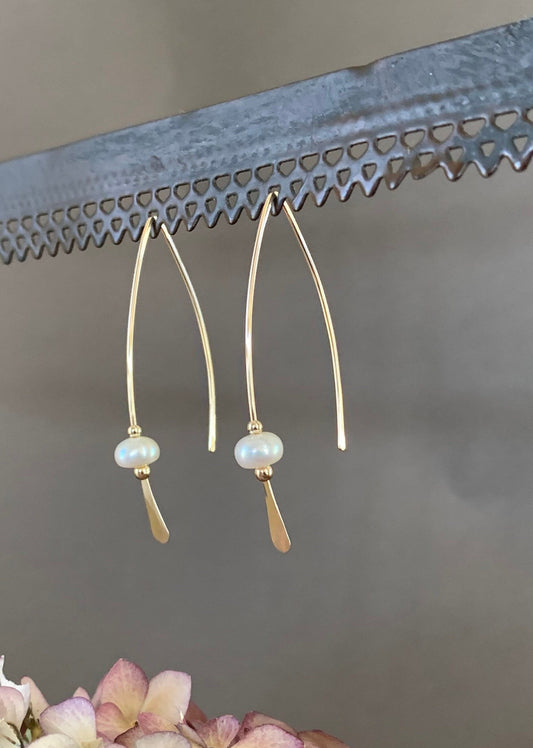 Gold Pearl Threader Earrings, Pearl and Gold Wishbone Earrings, Thin Open Hoops, Delicate Hoops with Freshwater Pearls
