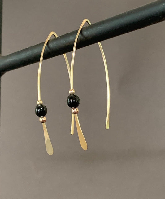 Gold Threader Earrings, 14k Gold Filled Wishbone Earrings, Black Glass Bead, Thin Open Hoops, Medium Hammered Hoop Earrings