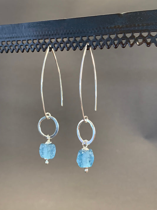 Elegant Sterling Silver Threader Earrings with Silver Hoops and Ocean Blue Glass Beads, Long Dangle Earrings
