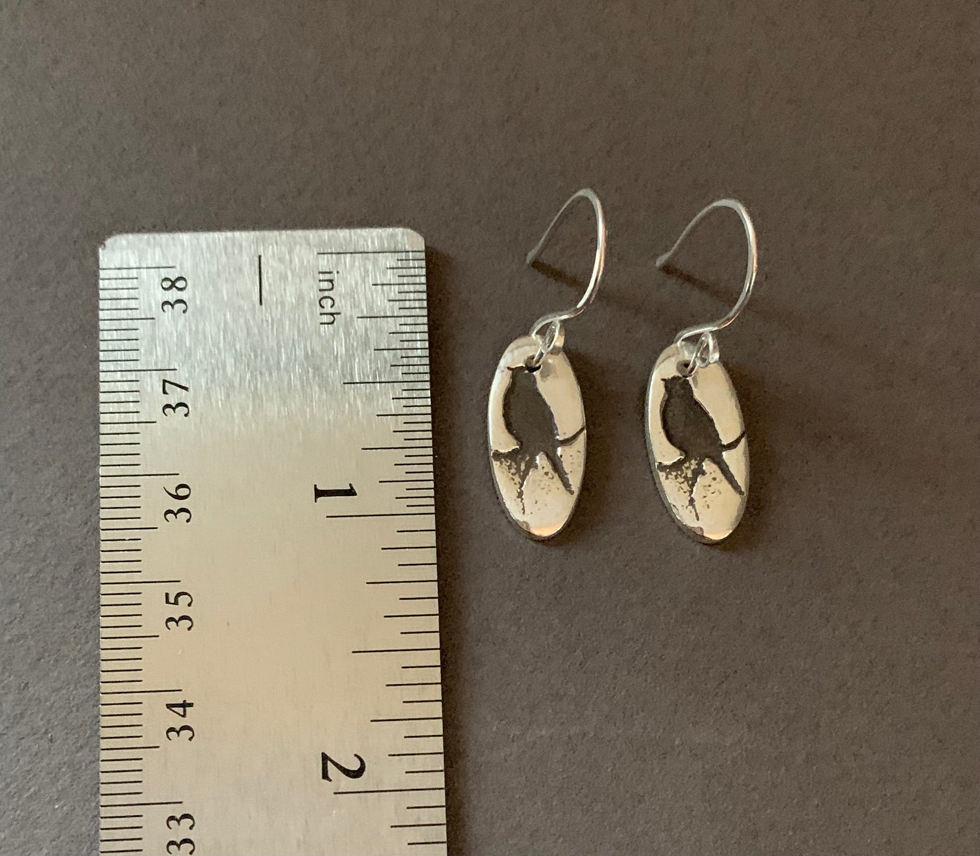 Bird Earrings, Sterling Silver Black Bird, Oval Earrings, Bird on a Wire, Hand Forged Metal Jewelry, Handmade Ear Wires