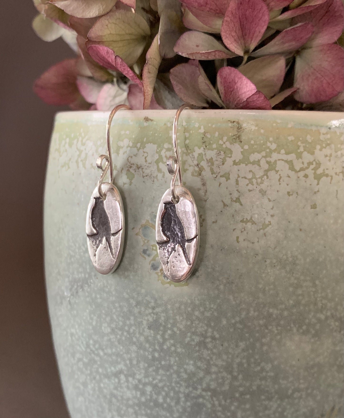 Bird Earrings, Sterling Silver Black Bird, Oval Earrings, Bird on a Wire, Hand Forged Metal Jewelry, Handmade Ear Wires