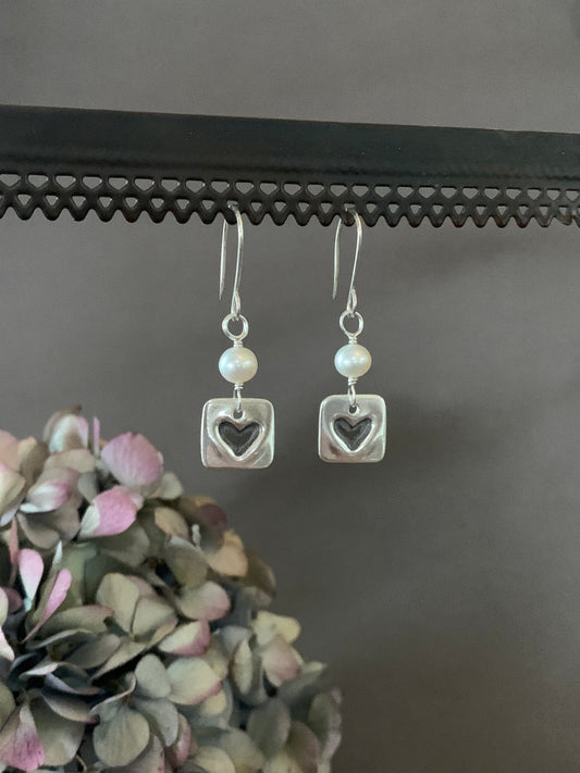 White Pearl Earrings, Square Sterling Silver and Fresh Water Pearl Dangle Earrings, Heart Earrings, Bridesmaid Gift, Bride, Wedding Gift