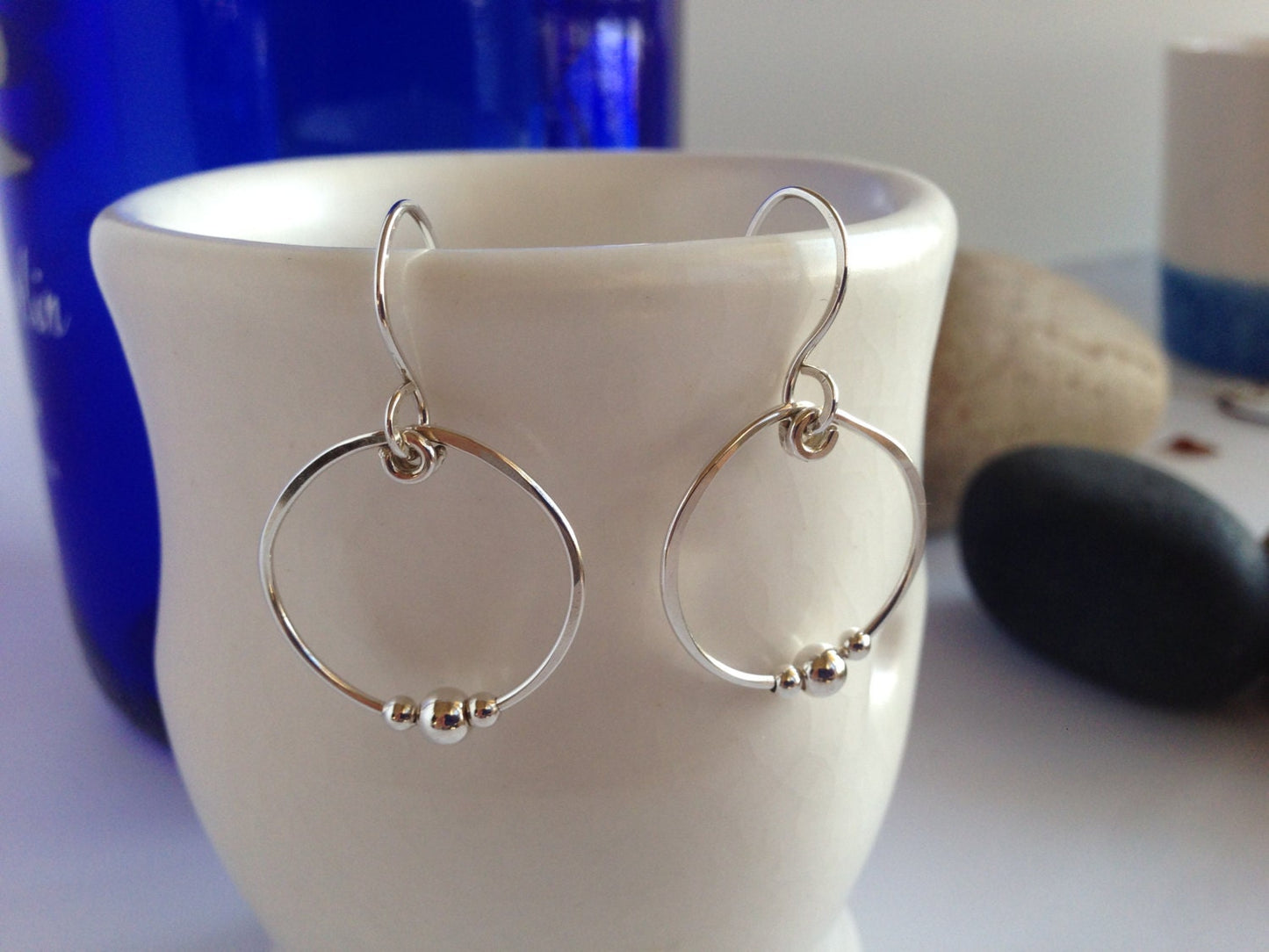 Silver Hoop Earrings with Tiny Silver Beads, Sterling Silver Hoops, Hand Forged Medium Hoop, Handmade Earrings