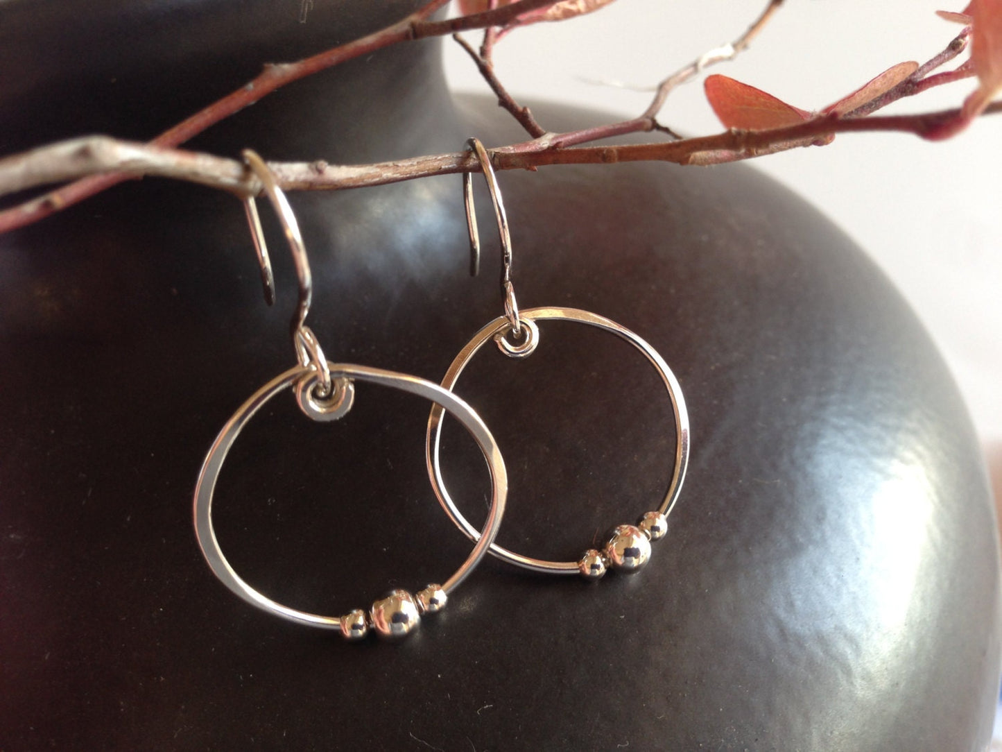 Silver Hoop Earrings with Tiny Silver Beads, Sterling Silver Hoops, Hand Forged Medium Hoop, Handmade Earrings