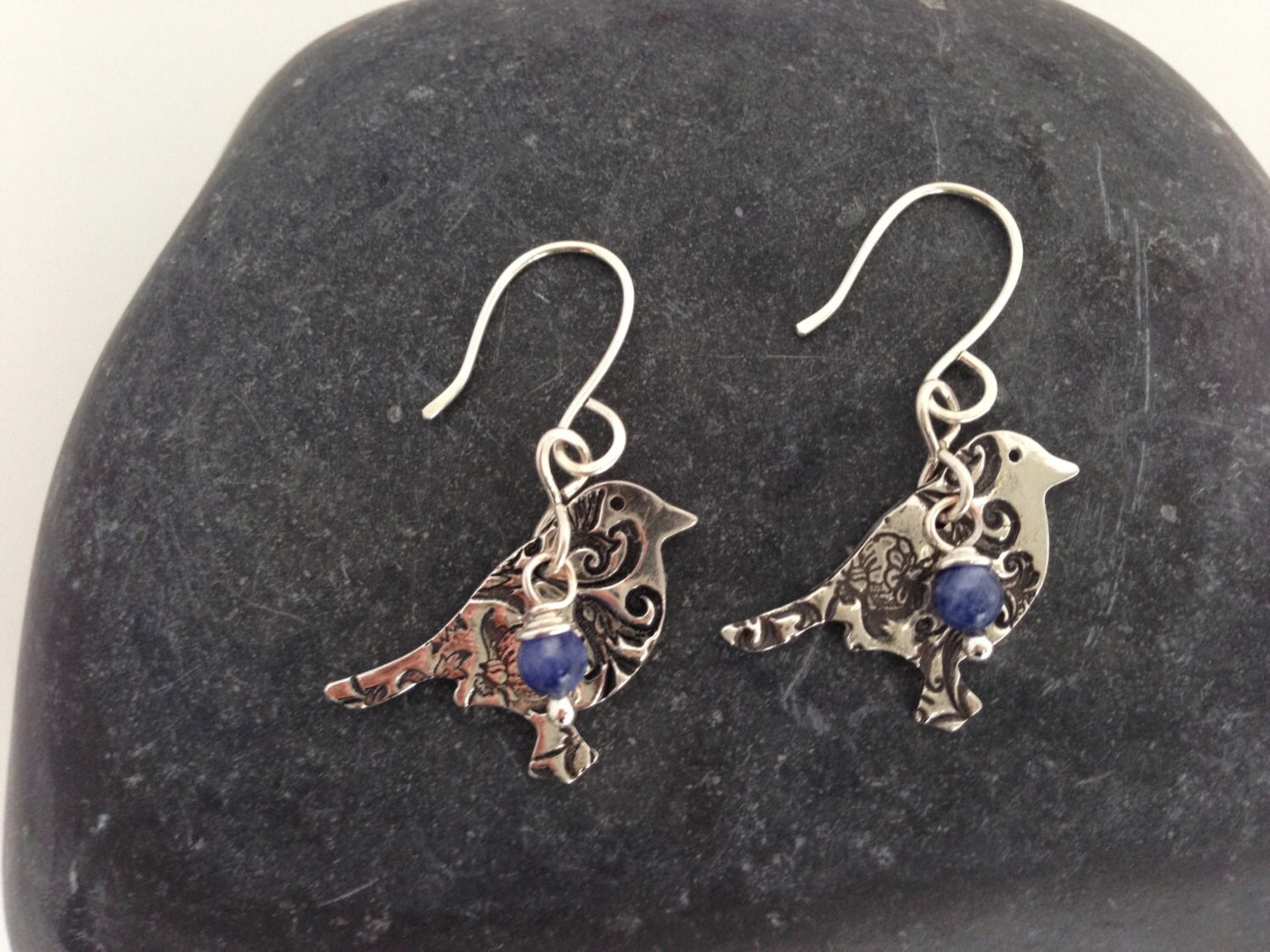 Sterling Silver Bird Earrings , Blue Sodalite Accent Bead, Hand Forged Metal Jewelry
