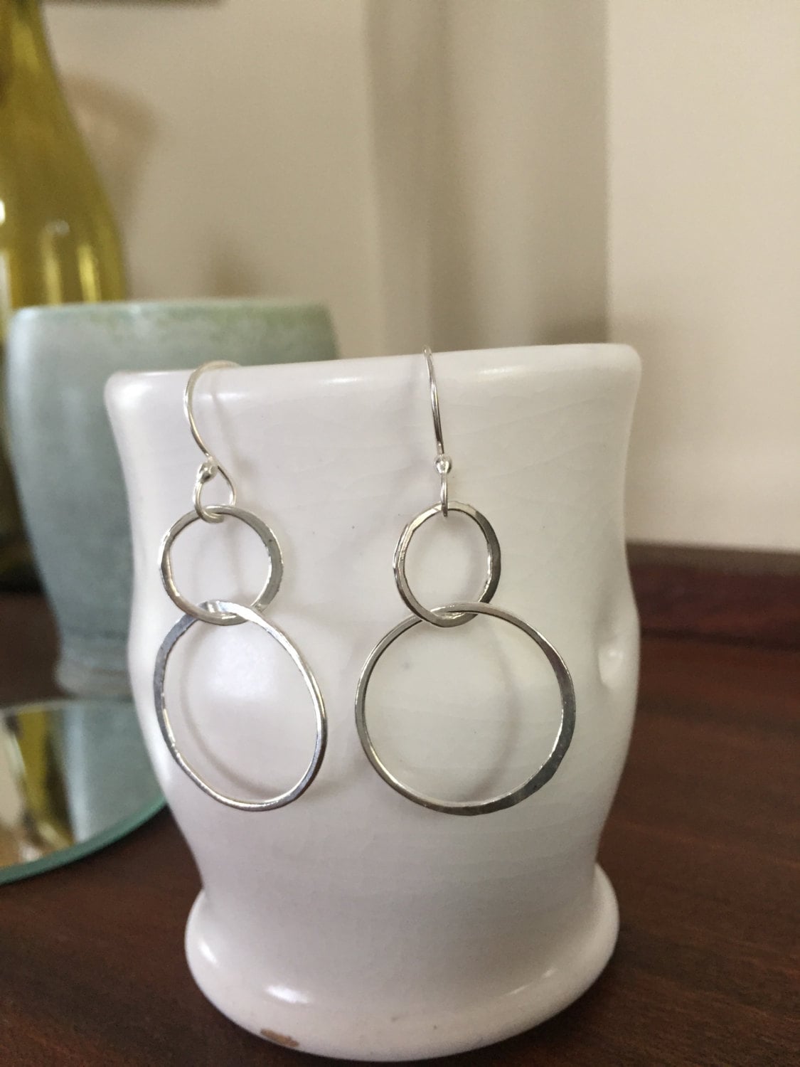 Double Hoop Earrings, Sterling Silver Hammered Jewelry, Hand Forged