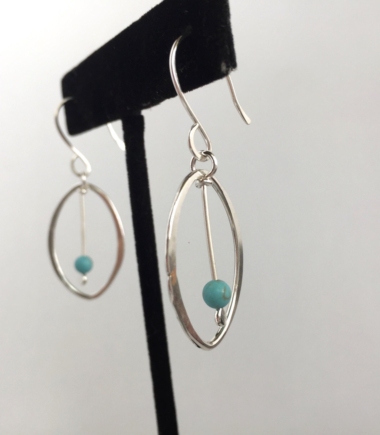 Medium Oval Hoop Earrings, Sterling Silver Hand Forged Metal Hoop Earrings with Turquoise Bead