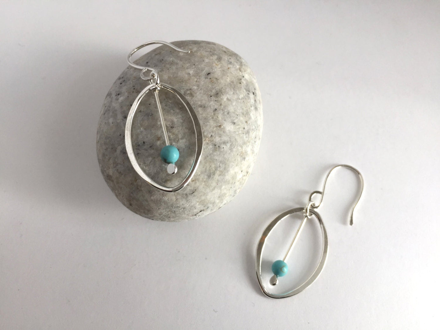 Medium Oval Hoop Earrings, Sterling Silver Hand Forged Metal Hoop Earrings with Turquoise Bead