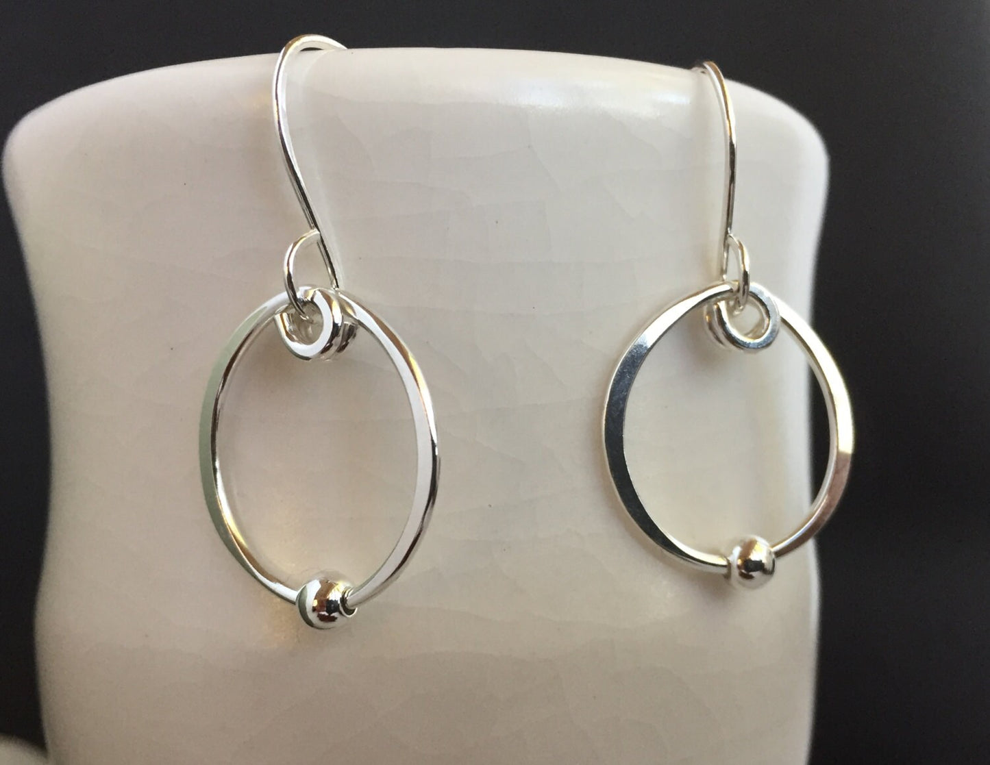 Silver Simple Hoop Earrings, Sterling Medium Hoop Earrings, Classic Hammered Hoops, Beaded Elegant Hoops, Hand Forged Metal Jewelry