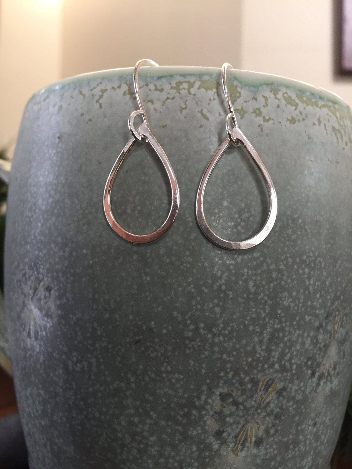 Hammered Silver Tear Drop Earrings, Sterling Medium Hoops, Dangle Tear Drop Hoop Earrings, Fine Sterling Silver by Creative Outlook