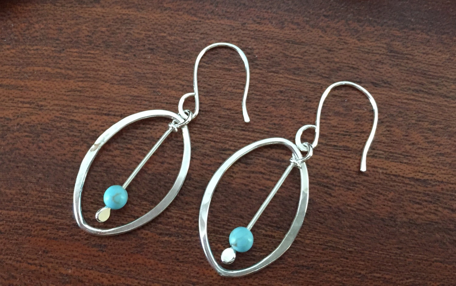 Medium Oval Hoop Earrings, Sterling Silver Hand Forged Metal Hoop Earrings with Turquoise Bead