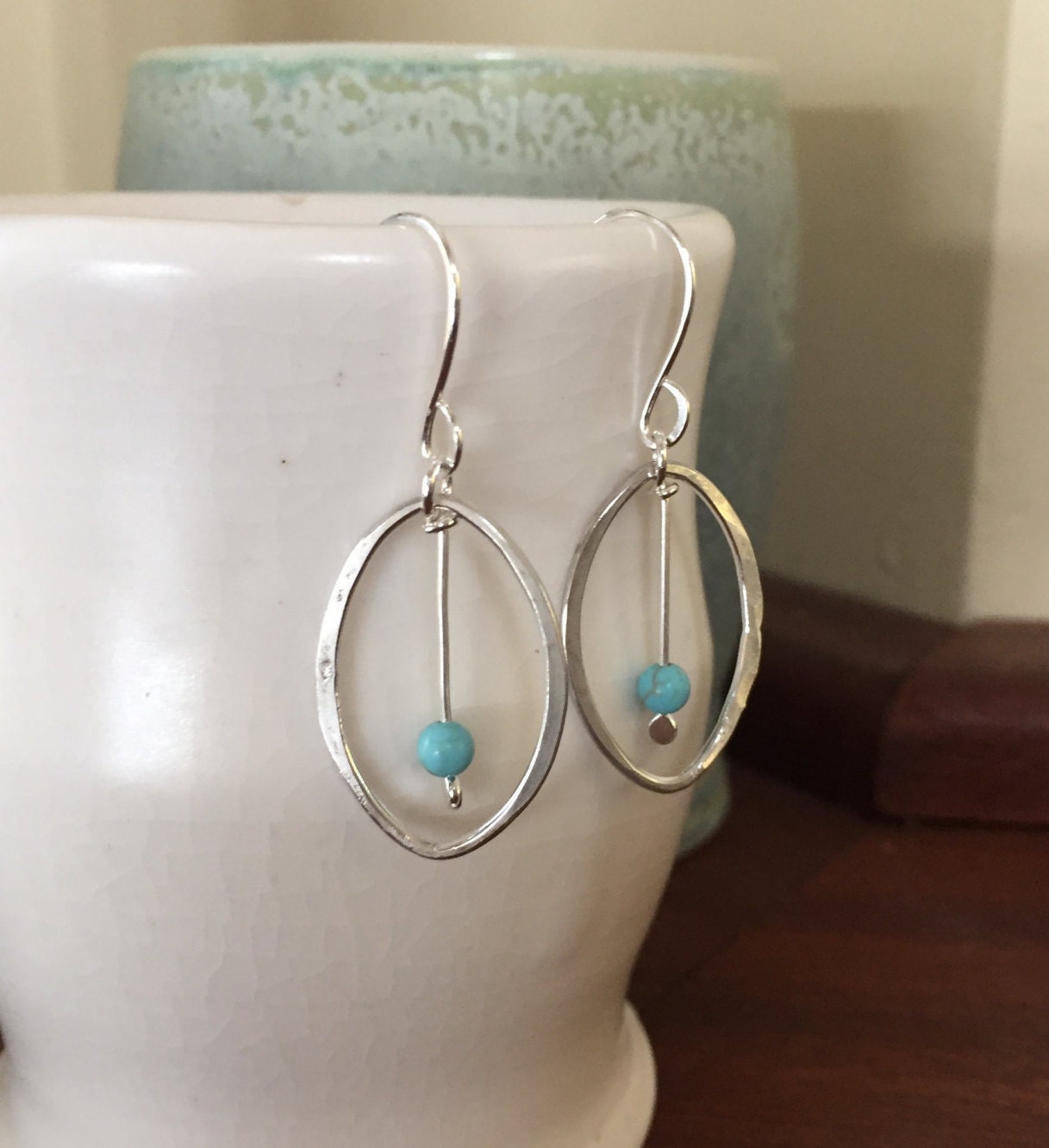 Medium Oval Hoop Earrings, Sterling Silver Hand Forged Metal Hoop Earrings with Turquoise Bead