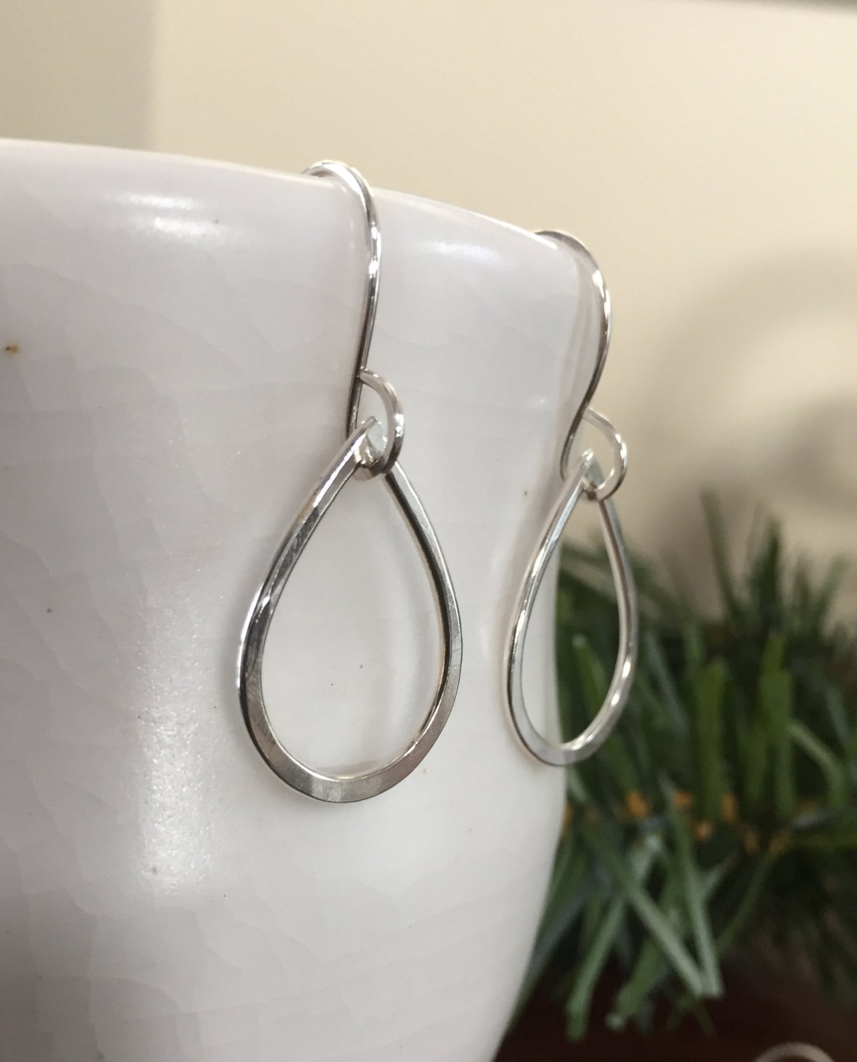 Hammered Silver Tear Drop Earrings, Sterling Medium Hoops, Dangle Tear Drop Hoop Earrings, Fine Sterling Silver by Creative Outlook