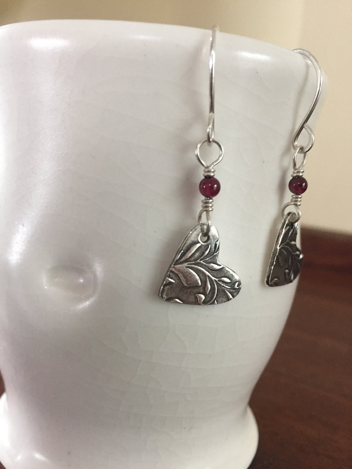 Boho Heart Earrings, Handmade Sterling Heart Earrings, Silver and Amethyst Dangle Earrings, Vintage Silver Heart Earrings, Gift For Her