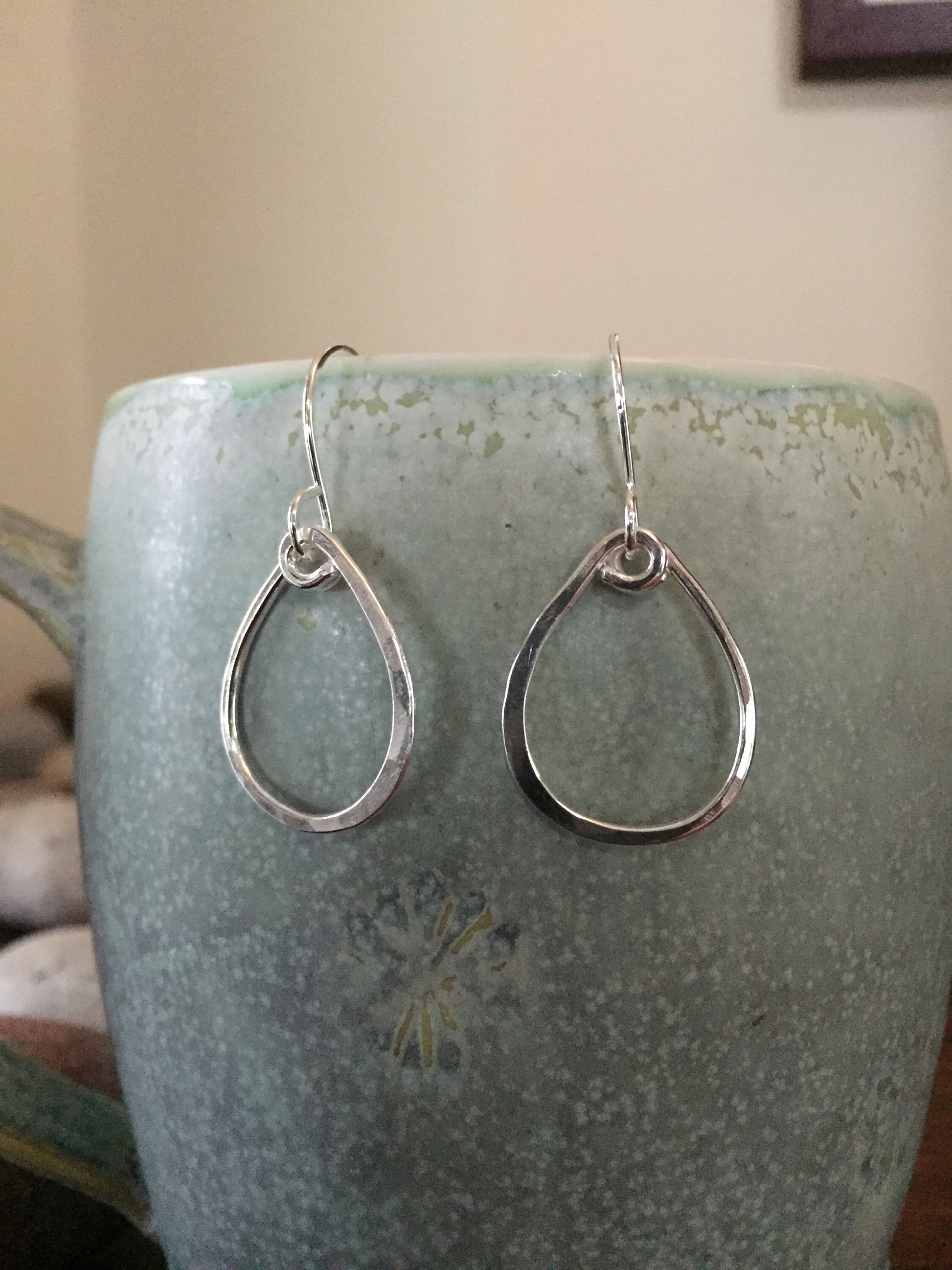 Medium Hammered Hoop Earrings, Sterling Silver Tear Drop Hoops, Hand Forged Metal Jewelry