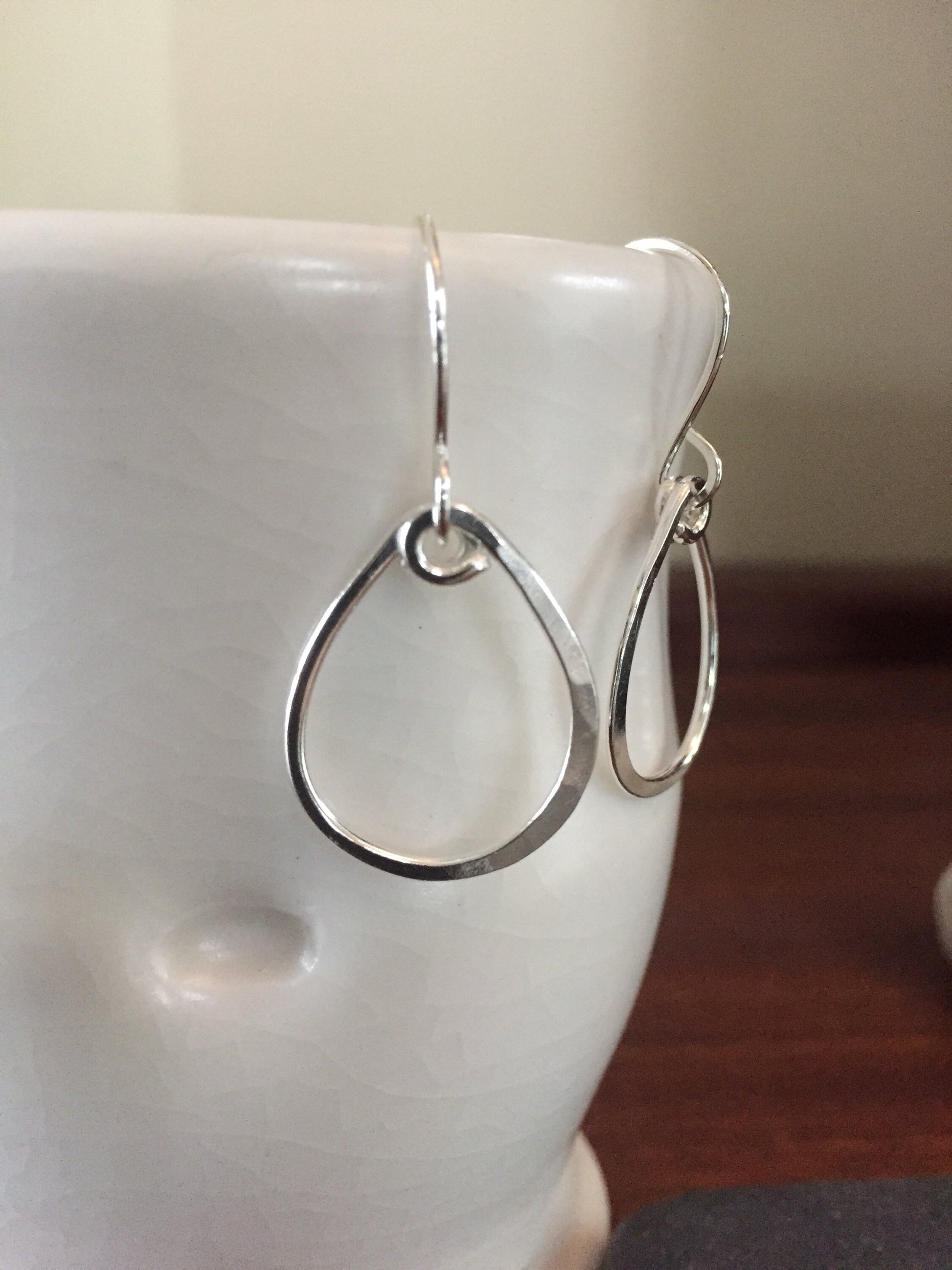 Medium Hammered Hoop Earrings, Sterling Silver Tear Drop Hoops, Hand Forged Metal Jewelry