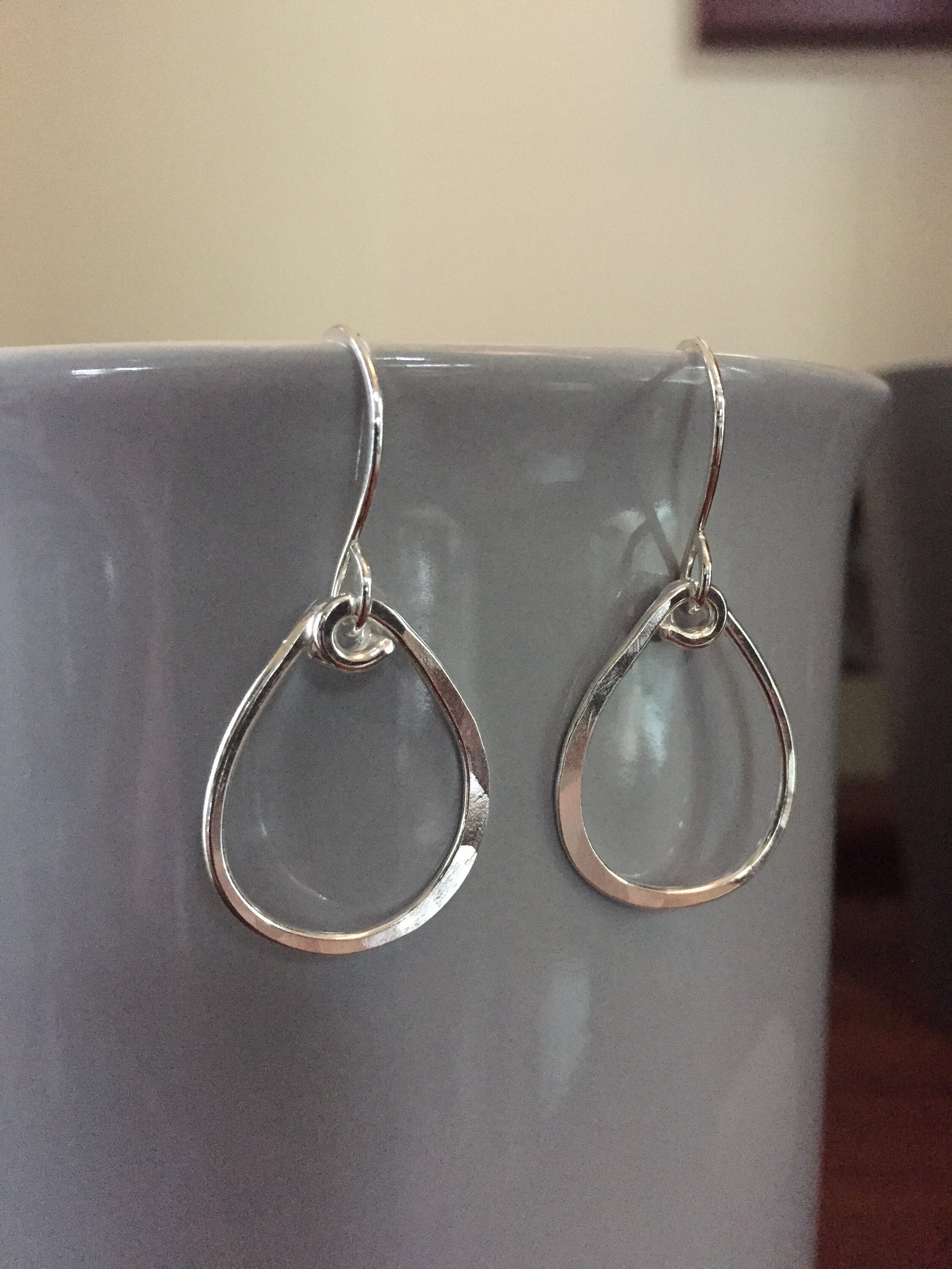 Medium Hammered Hoop Earrings, Sterling Silver Tear Drop Hoops, Hand Forged Metal Jewelry