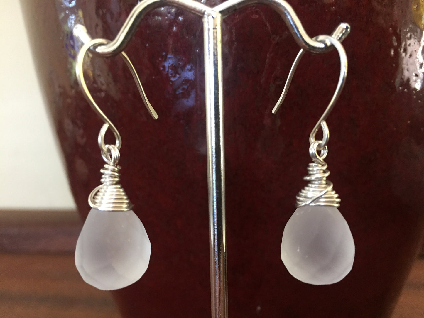 White Crystal Earrings, Frosted Quartz Tear Drop Earrings, Bridesmaid and Wedding Jewelry Gift