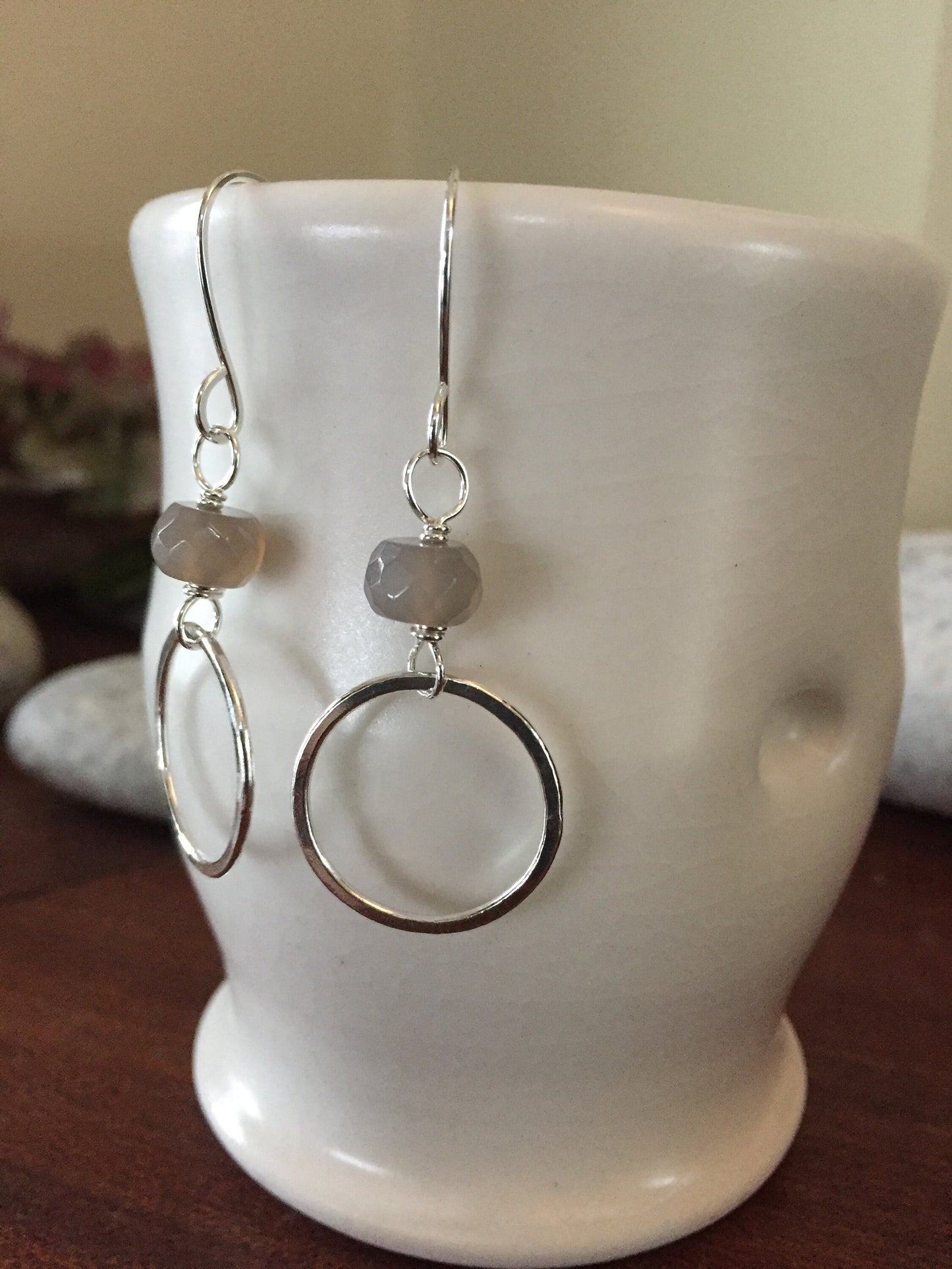 Hammered Silver Hoop Earrings with Grey Glass Bead Sterling Silver Hand Forged Metal Jewelry