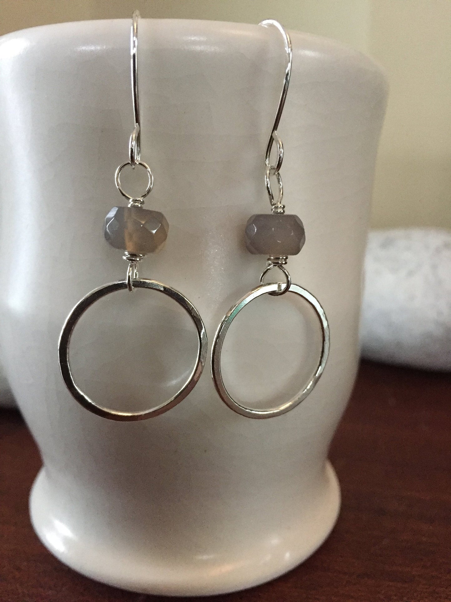 Hammered Silver Hoop Earrings with Grey Glass Bead Sterling Silver Hand Forged Metal Jewelry