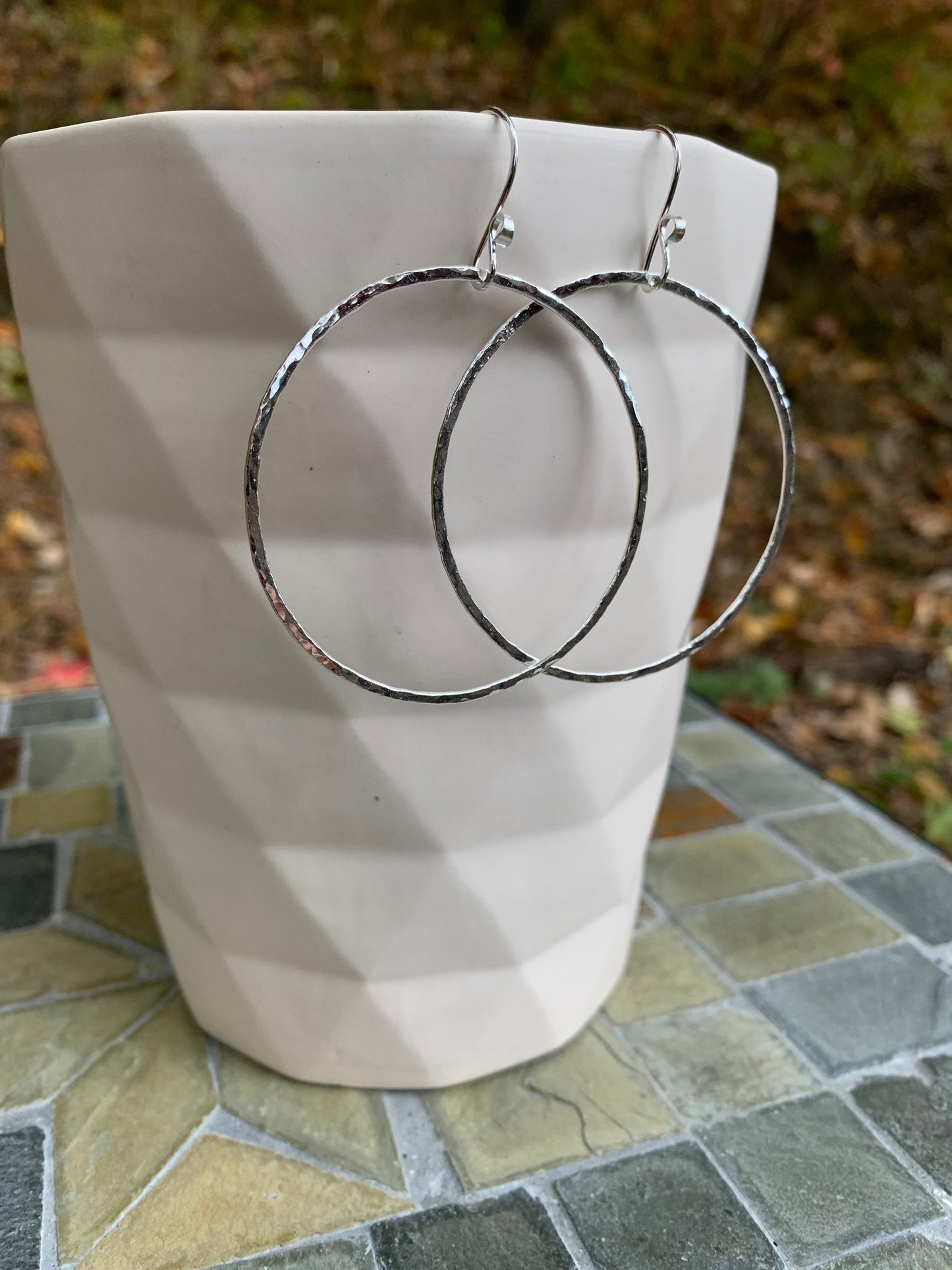 Large Hammered Hoop Earrings, Sterling Silver Classic Hoops, 1 7/8”Hoops, Simple Silver Hoop Earrings, Hand Forged Metal Jewelry