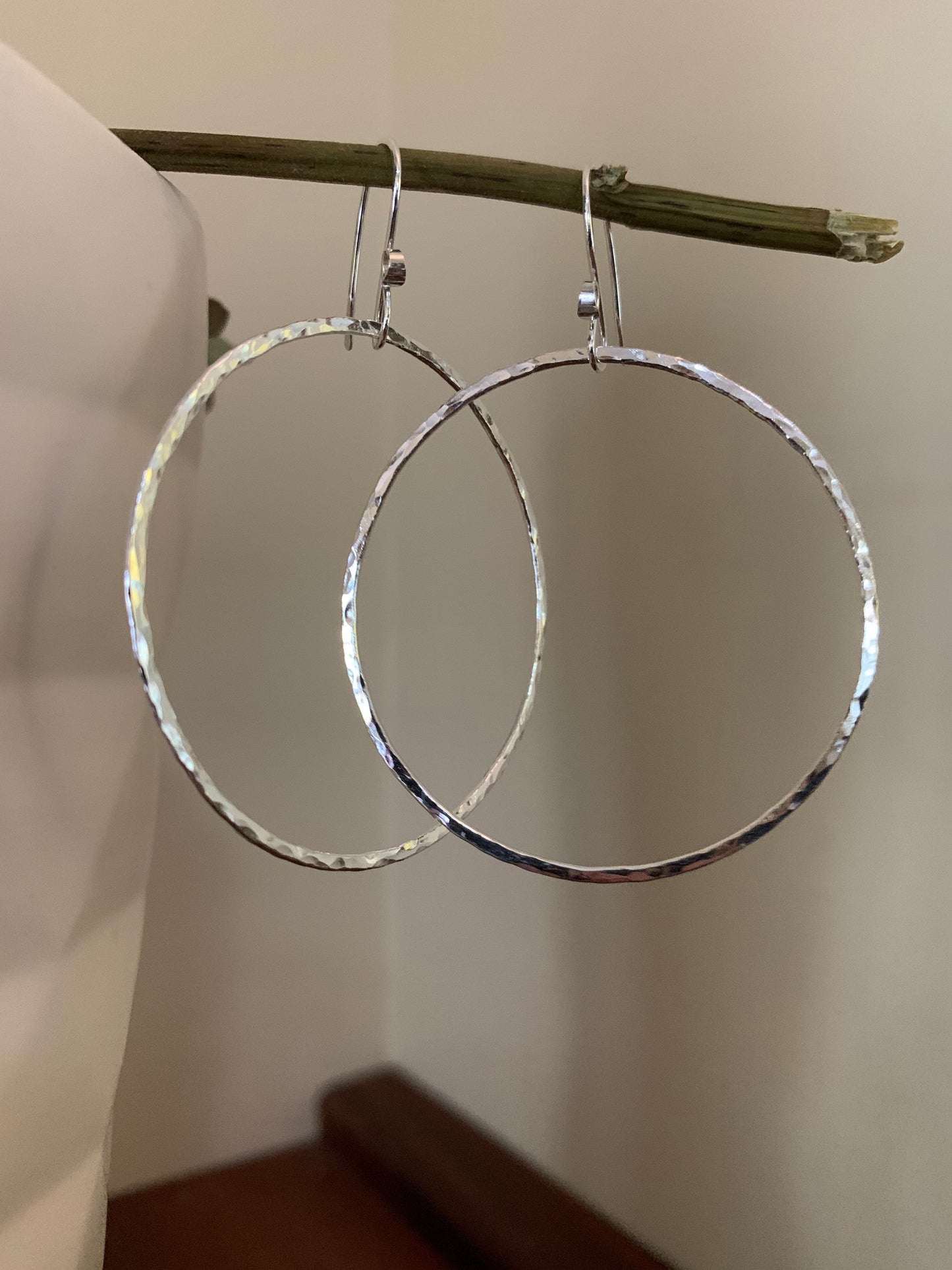 Large Hammered Hoop Earrings, Sterling Silver Classic Hoops, 1 7/8”Hoops, Simple Silver Hoop Earrings, Hand Forged Metal Jewelry