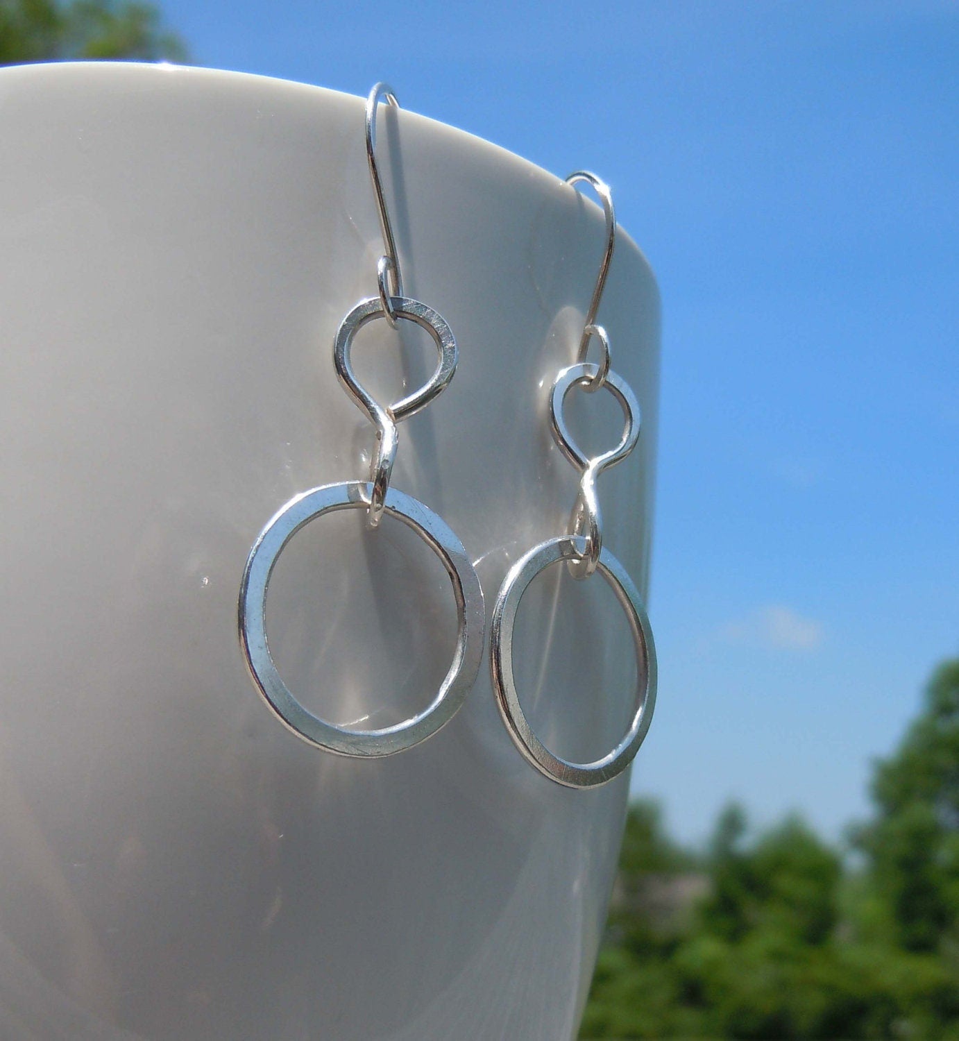 Silver Hoop Earrings, Double Hoop Sterling Silver Hoops, Hammered Hoop Earrings, Handmade