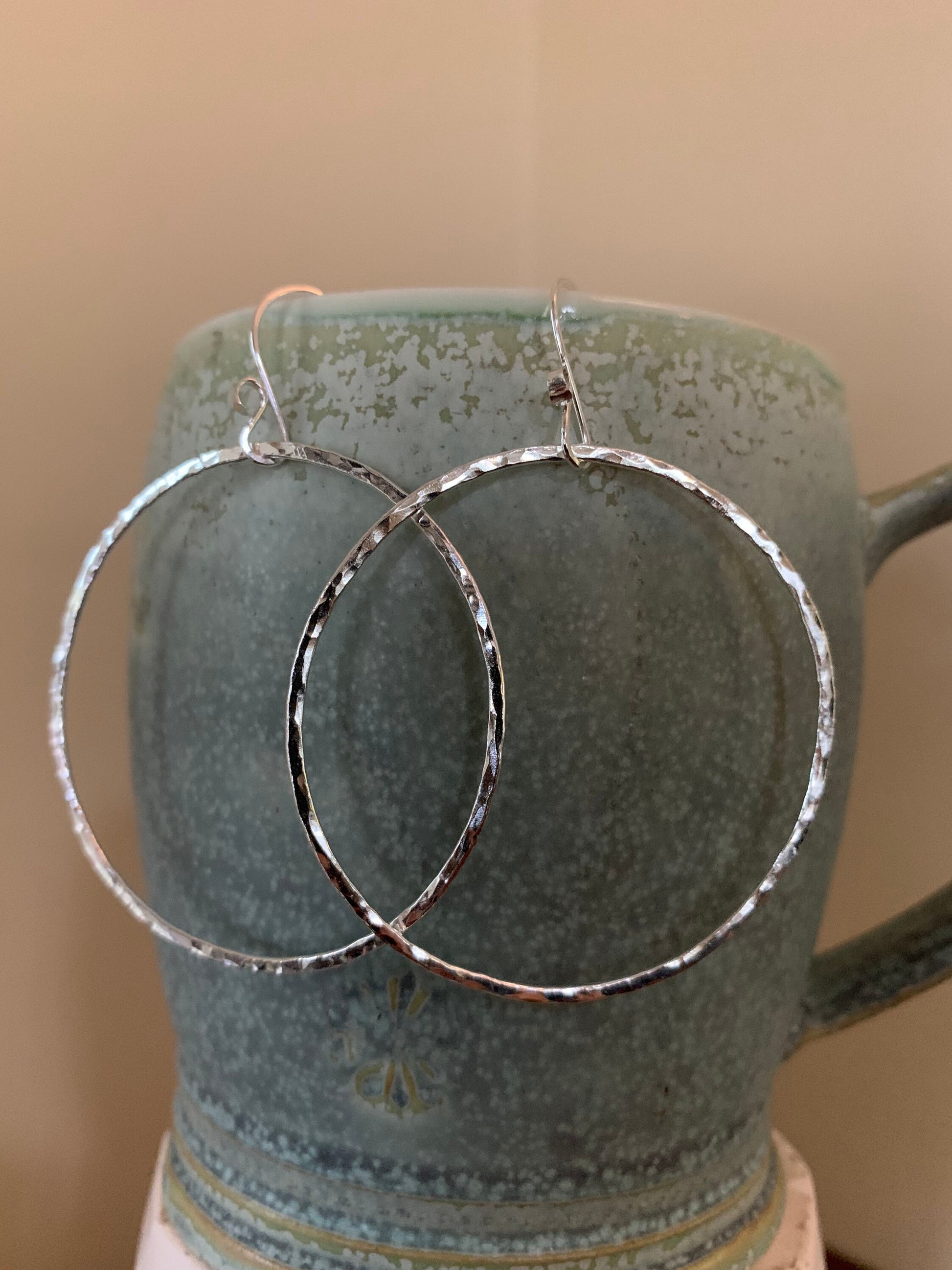 Large Hammered Hoop Earrings, Sterling Silver Classic Hoops, 1 7/8”Hoops, Simple Silver Hoop Earrings, Hand Forged Metal Jewelry