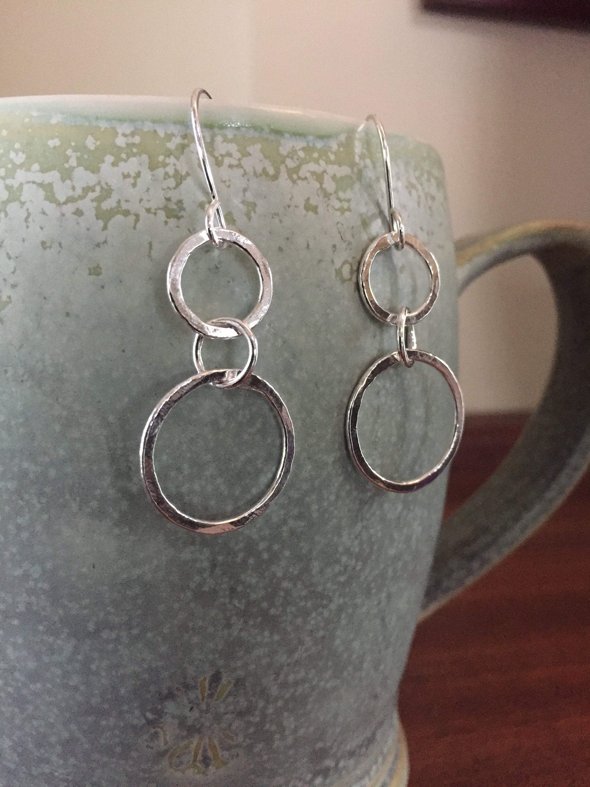 Silver Triple Hoop Earrings, Medium Hoops, Sterling Silver Linked Hoop Earrings, Triple Ring